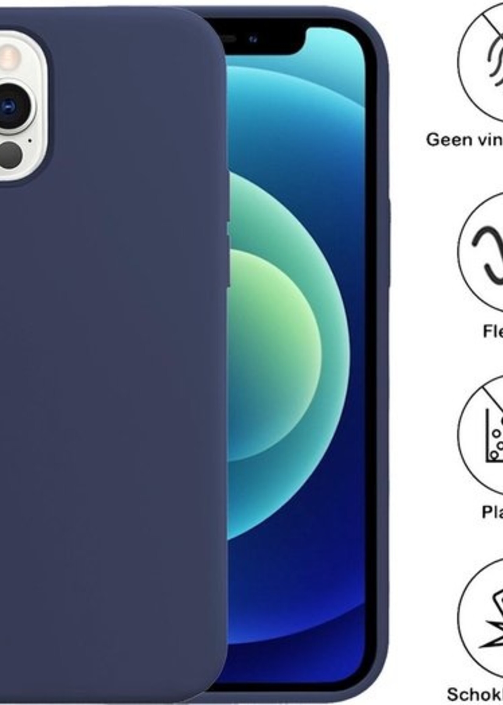 BTH Hoesje Geschikt voor iPhone 12 Pro Max Hoesje Siliconen Case Hoes Met 2x Screenprotector - Hoes Geschikt voor iPhone 12 Pro Max Hoes Cover Case - Donkerblauw