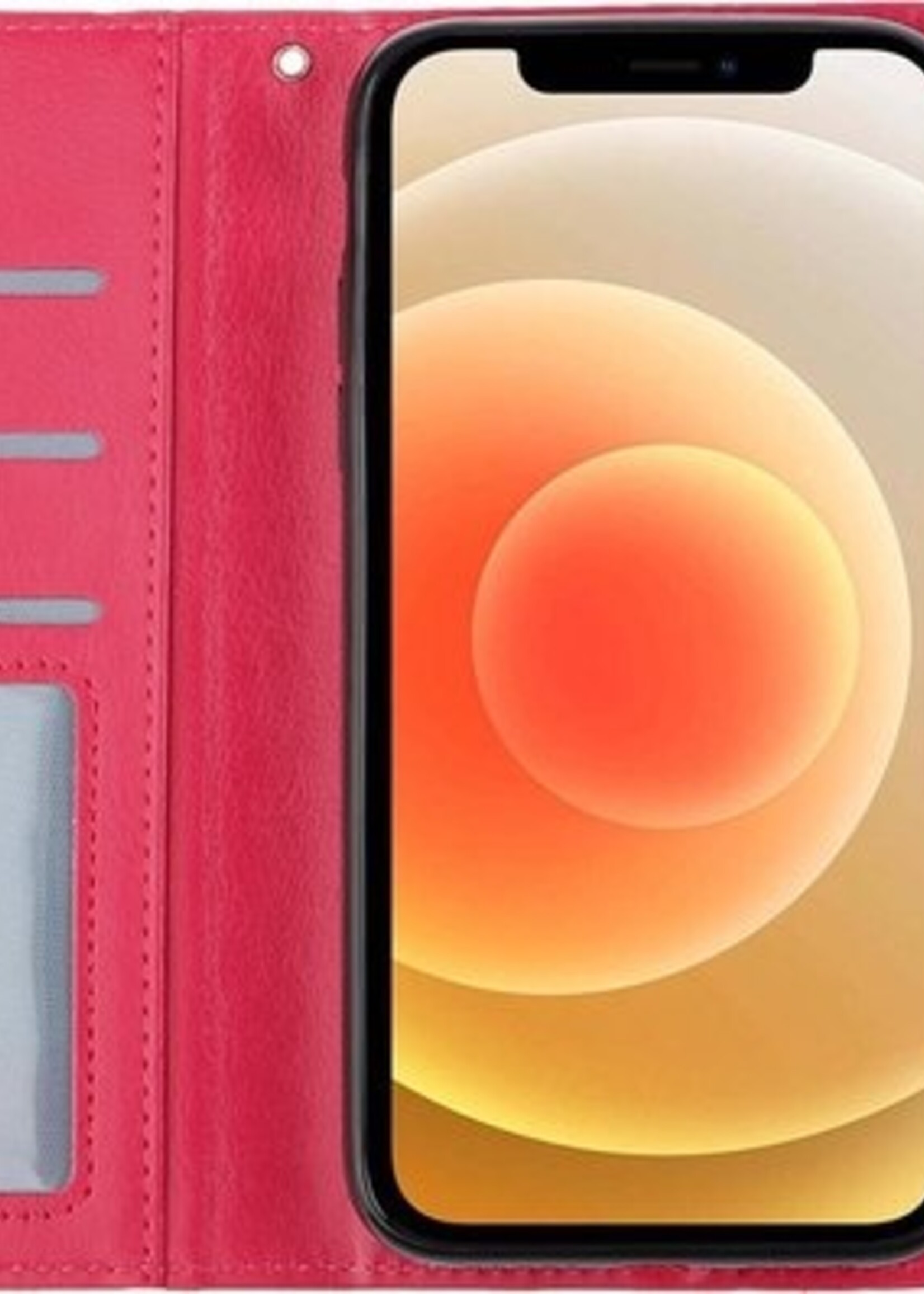 BTH Hoesje Geschikt voor iPhone 12 Mini Hoesje Book Case Hoes Portemonnee Cover Walletcase Met Screenprotector - Hoes Geschikt voor iPhone 12 Mini Hoes Bookcase Hoesje - Donkerroze
