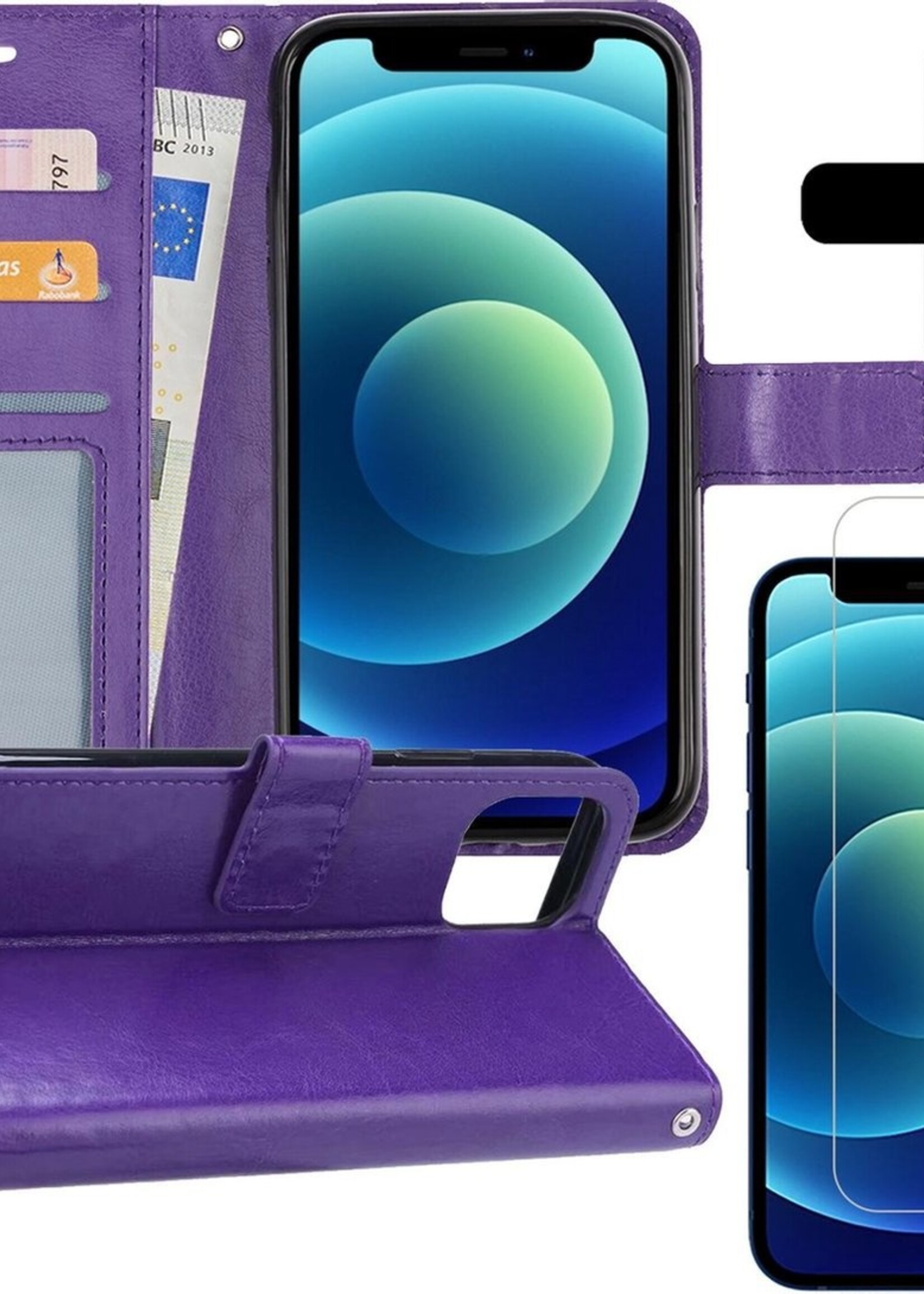 BTH Hoesje Geschikt voor iPhone 12 Mini Hoesje Book Case Hoes Portemonnee Cover Walletcase Met Screenprotector - Hoes Geschikt voor iPhone 12 Mini Hoes Bookcase Hoesje - Paars