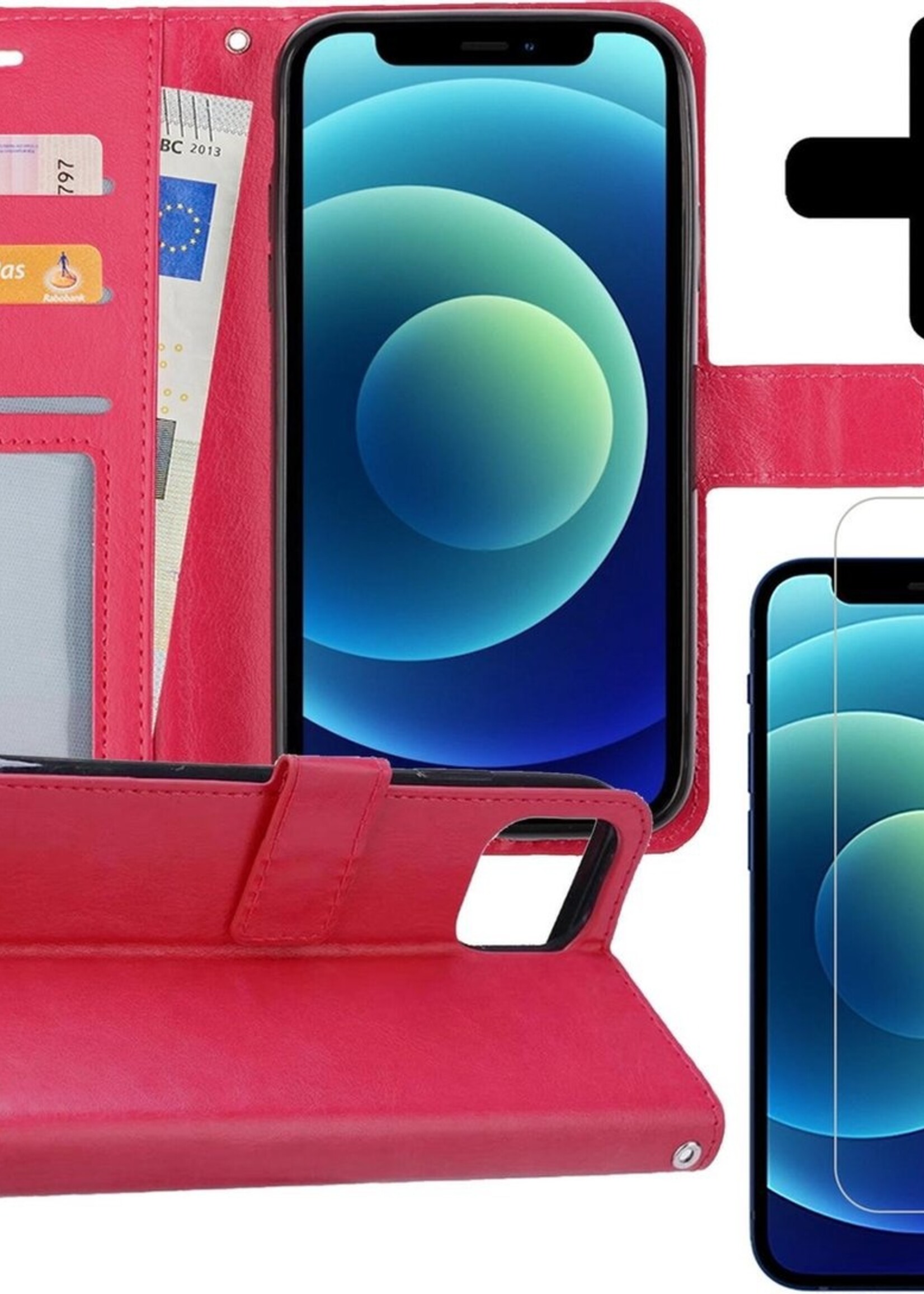 BTH Hoesje Geschikt voor iPhone 12 Pro Max Hoesje Book Case Hoes Portemonnee Cover Walletcase Met Screenprotector - Hoes Geschikt voor iPhone 12 Pro Max Hoes Bookcase Hoesje - Donkerroze