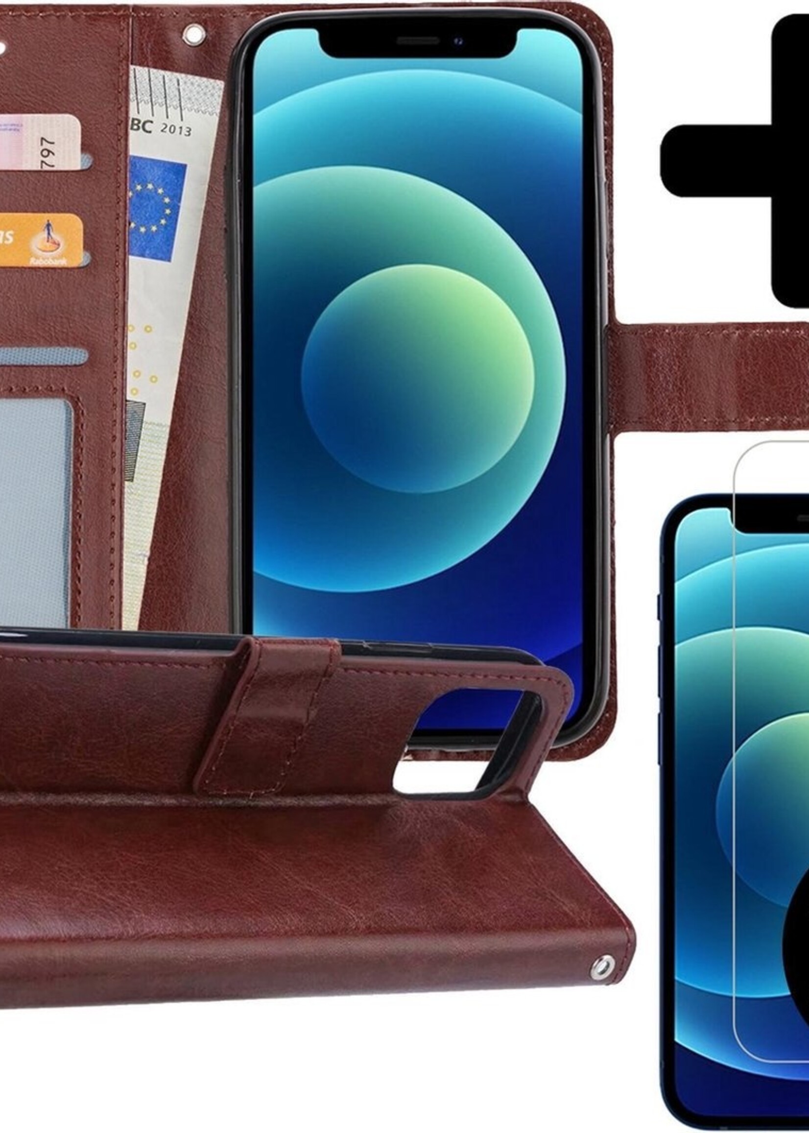 BTH Hoesje Geschikt voor iPhone 12 Mini Hoesje Book Case Hoes Portemonnee Cover Walletcase Met 2x Screenprotector - Hoes Geschikt voor iPhone 12 Mini Hoes Bookcase Hoesje - Bruin
