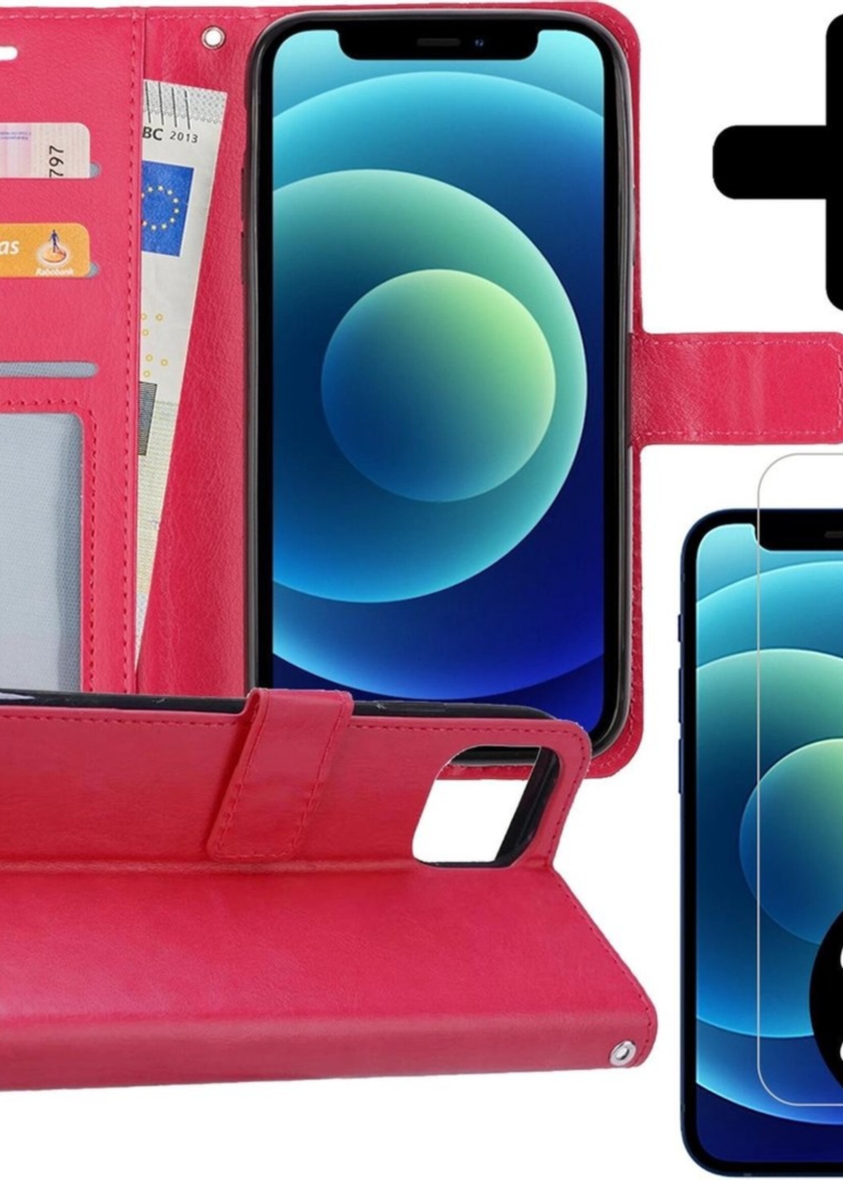 BTH Hoesje Geschikt voor iPhone 12 Mini Hoesje Book Case Hoes Portemonnee Cover Walletcase Met 2x Screenprotector - Hoes Geschikt voor iPhone 12 Mini Hoes Bookcase Hoesje - Donkerroze