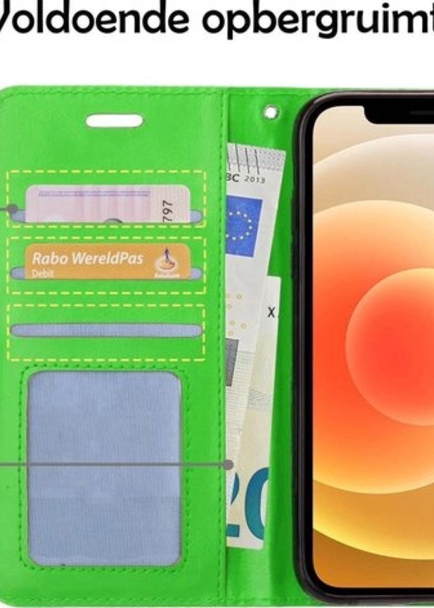 BTH Hoesje Geschikt voor iPhone 12 Mini Hoesje Book Case Hoes Portemonnee Cover Walletcase Met 2x Screenprotector - Hoes Geschikt voor iPhone 12 Mini Hoes Bookcase Hoesje - Groen