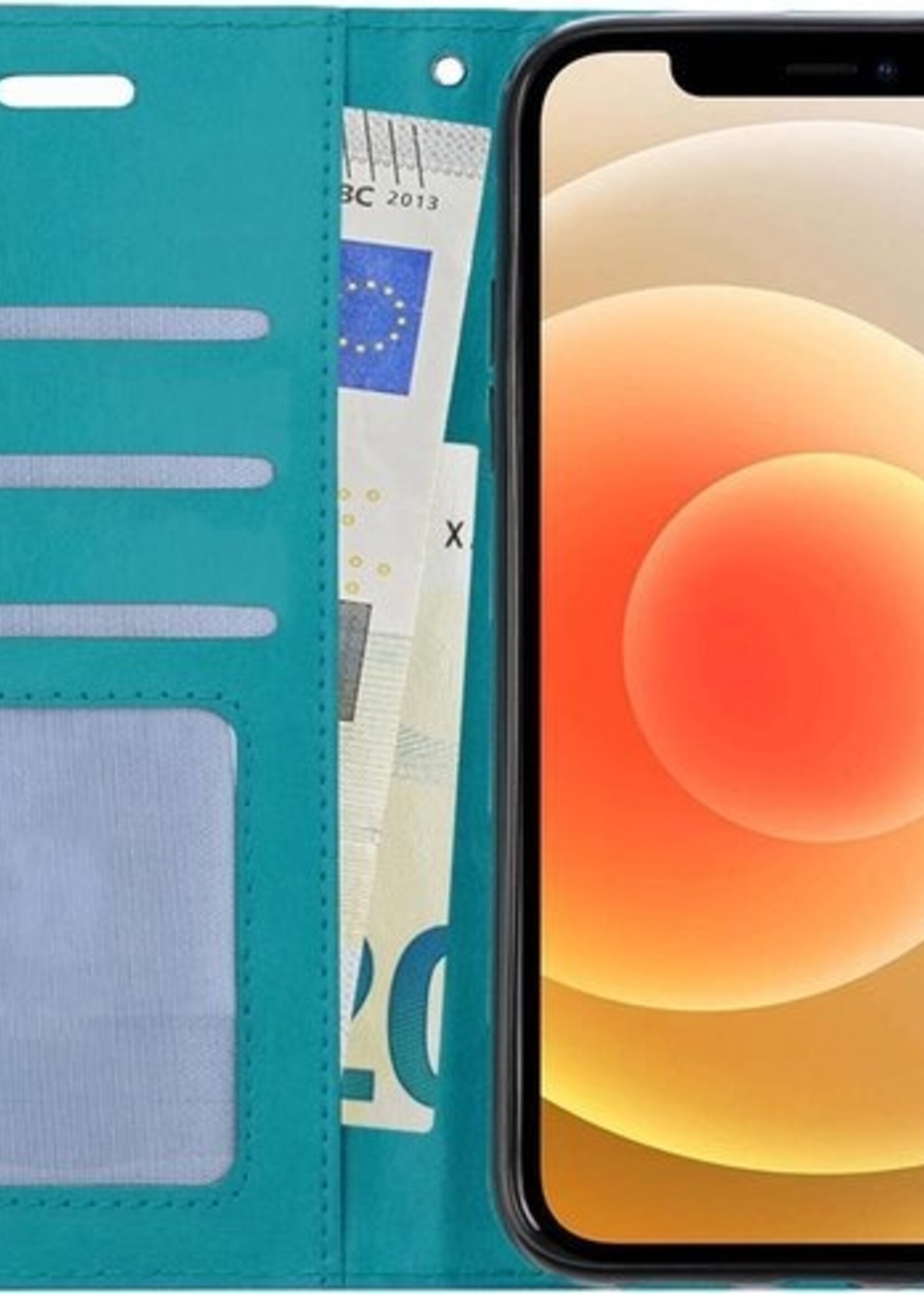 BTH Hoesje Geschikt voor iPhone 12 Mini Hoesje Book Case Hoes Portemonnee Cover Walletcase Met 2x Screenprotector - Hoes Geschikt voor iPhone 12 Mini Hoes Bookcase Hoesje - Turquoise
