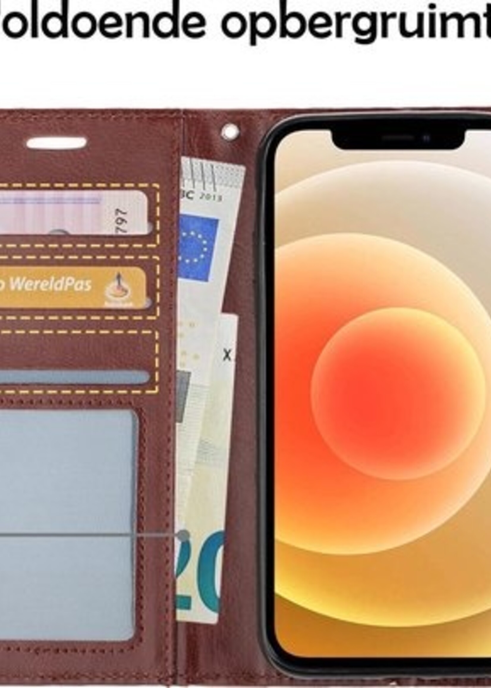 BTH Hoesje Geschikt voor iPhone 12 Pro Max Hoesje Book Case Hoes Portemonnee Cover Walletcase Met 2x Screenprotector - Hoes Geschikt voor iPhone 12 Pro Max Hoes Bookcase Hoesje - Bruin