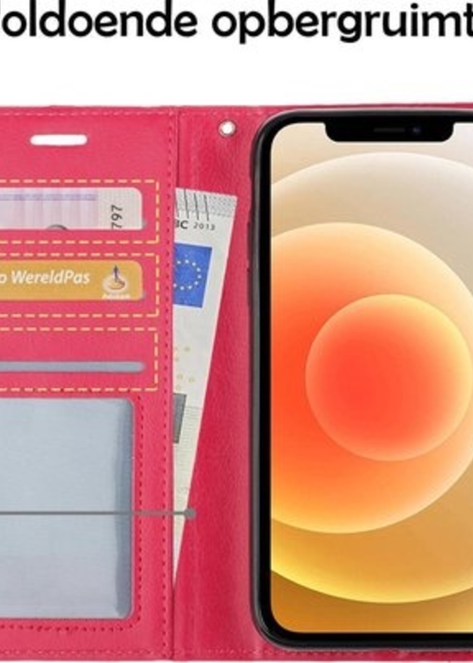 BTH Hoesje Geschikt voor iPhone 12 Pro Max Hoesje Book Case Hoes Portemonnee Cover Walletcase Met 2x Screenprotector - Hoes Geschikt voor iPhone 12 Pro Max Hoes Bookcase Hoesje - Donkerroze
