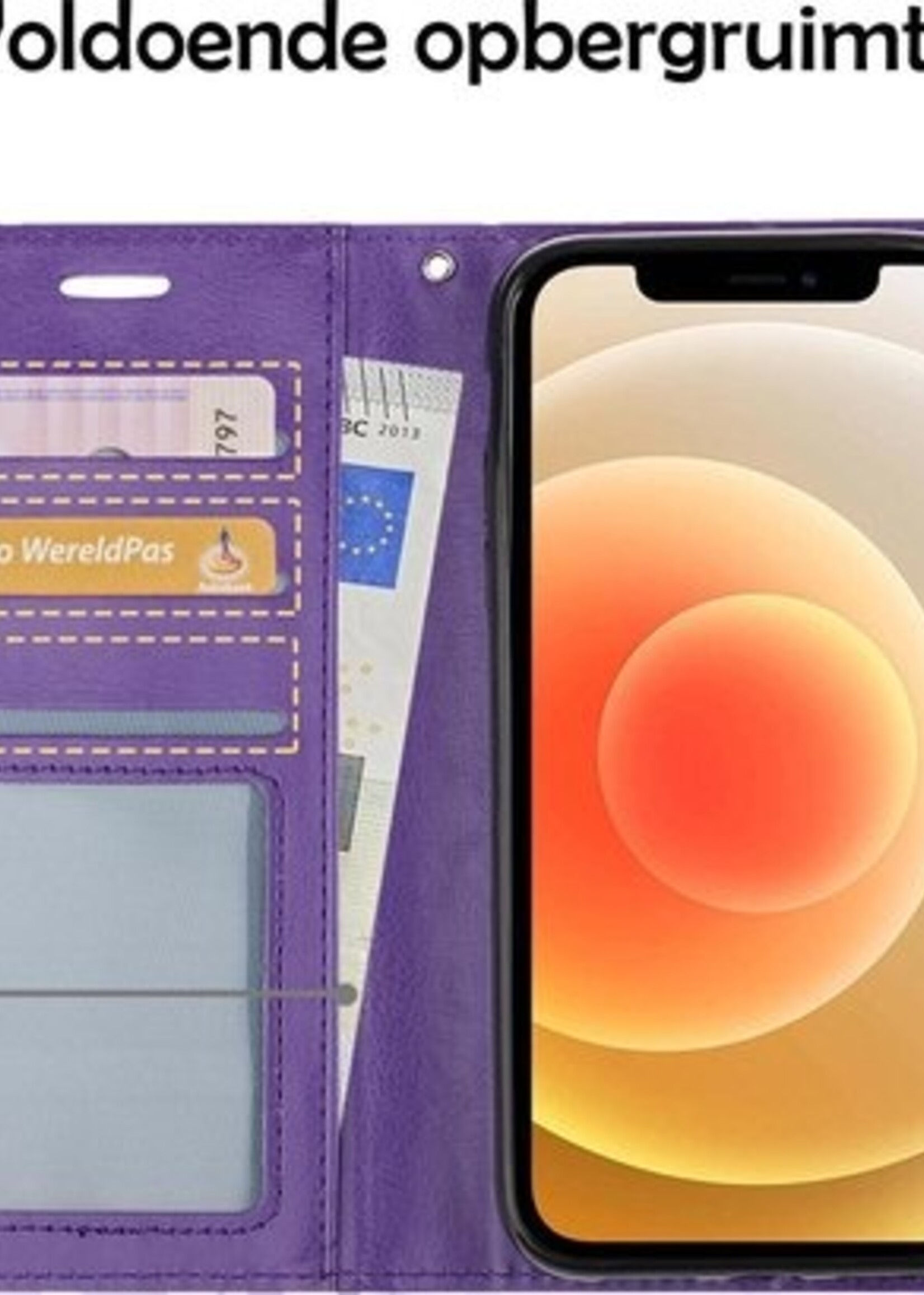 BTH Hoesje Geschikt voor iPhone 12 Pro Max Hoesje Book Case Hoes Portemonnee Cover Walletcase Met 2x Screenprotector - Hoes Geschikt voor iPhone 12 Pro Max Hoes Bookcase Hoesje - Paars
