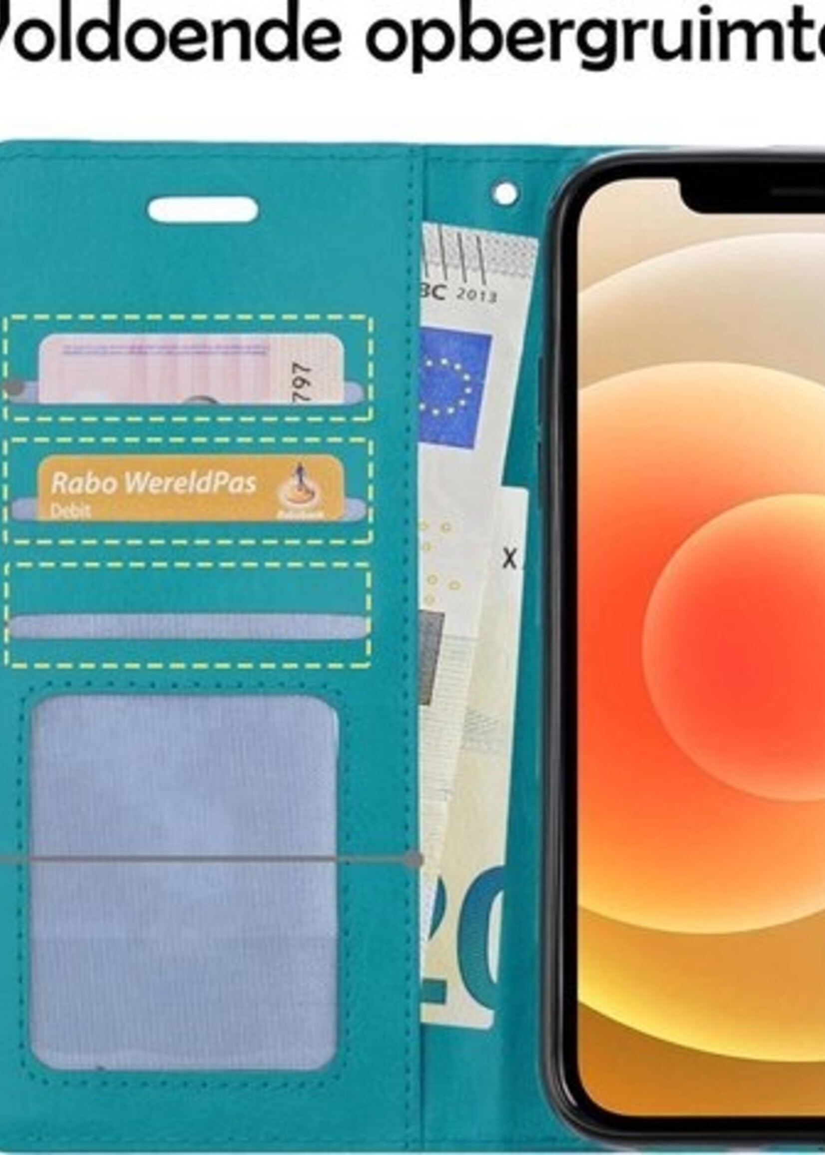 BTH Hoesje Geschikt voor iPhone 12 Pro Max Hoesje Book Case Hoes Portemonnee Cover Walletcase Met 2x Screenprotector - Hoes Geschikt voor iPhone 12 Pro Max Hoes Bookcase Hoesje - Turquoise