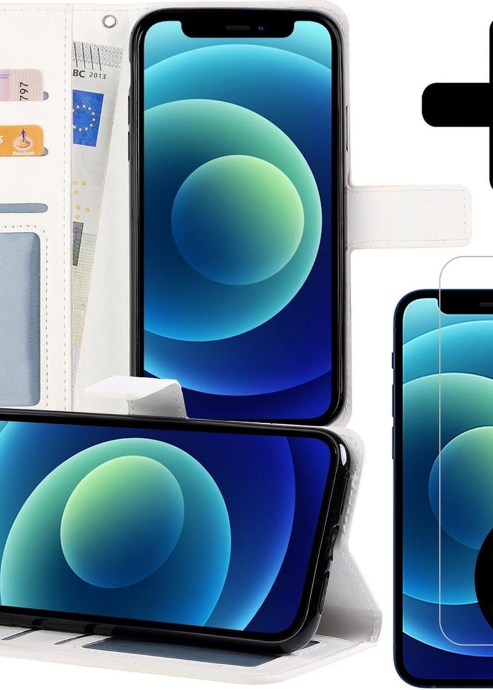 BTH Hoesje Geschikt voor iPhone 12 Pro Max Hoesje Book Case Hoes Portemonnee Cover Walletcase Met 2x Screenprotector - Hoes Geschikt voor iPhone 12 Pro Max Hoes Bookcase Hoesje - Wit