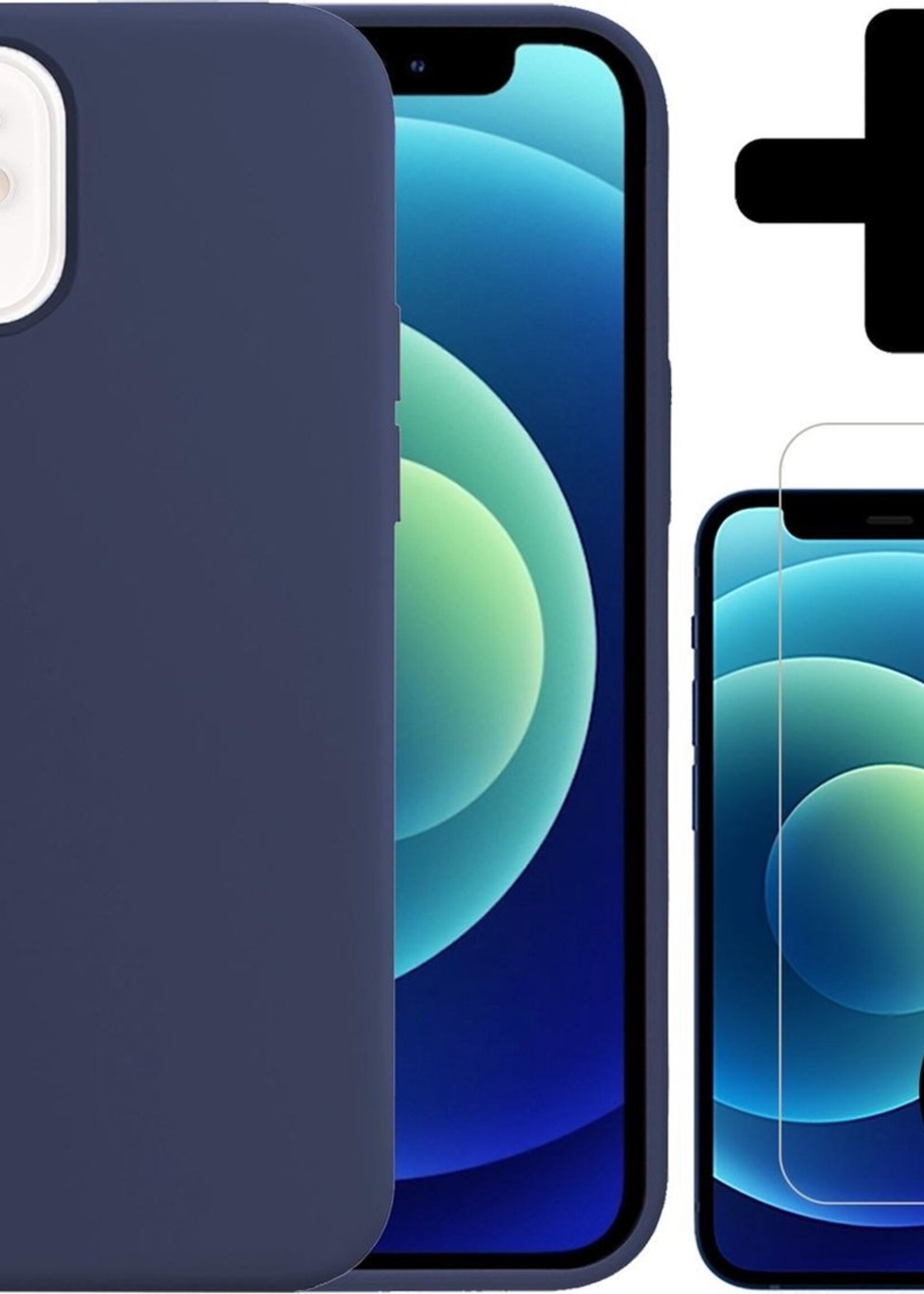 BTH Hoesje Geschikt voor iPhone 12 Mini Hoesje Siliconen Case Hoes Met 2x Screenprotector - Hoes Geschikt voor iPhone 12 Mini Hoes Cover Case - Donkerblauw