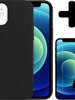 BTH BTH iPhone 12 Mini Hoesje Siliconen Zwart En 2x Screenprotector met dichte notch