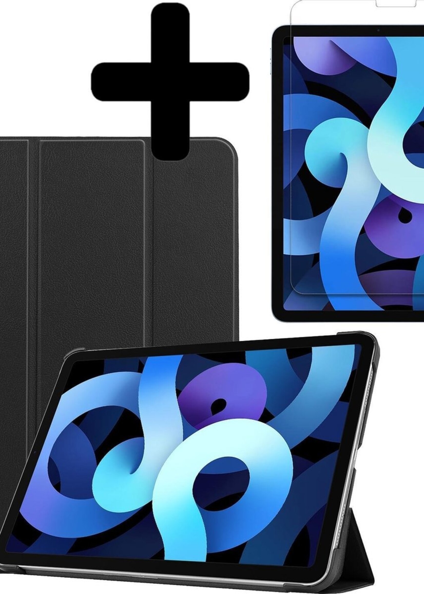 BTH Hoes Geschikt voor iPad Air 2020 Hoes Book Case Hoesje Trifold Cover Met Screenprotector - Hoesje Geschikt voor iPad Air 4 2020 Hoesje Bookcase - Zwart