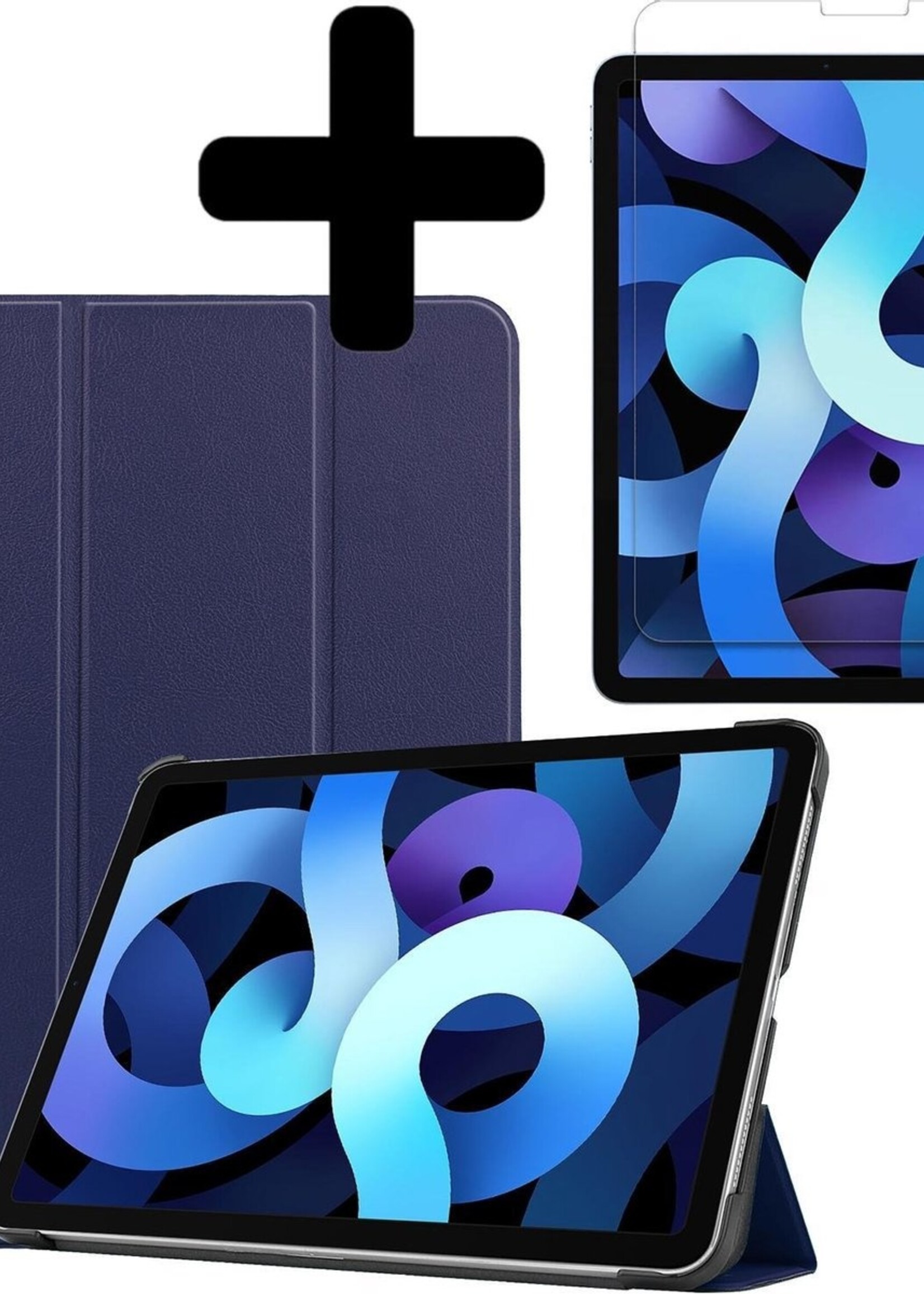 BTH Hoes Geschikt voor iPad Air 2020 Hoes Book Case Hoesje Trifold Cover Met Screenprotector - Hoesje Geschikt voor iPad Air 4 2020 Hoesje Bookcase - Donkerblauw