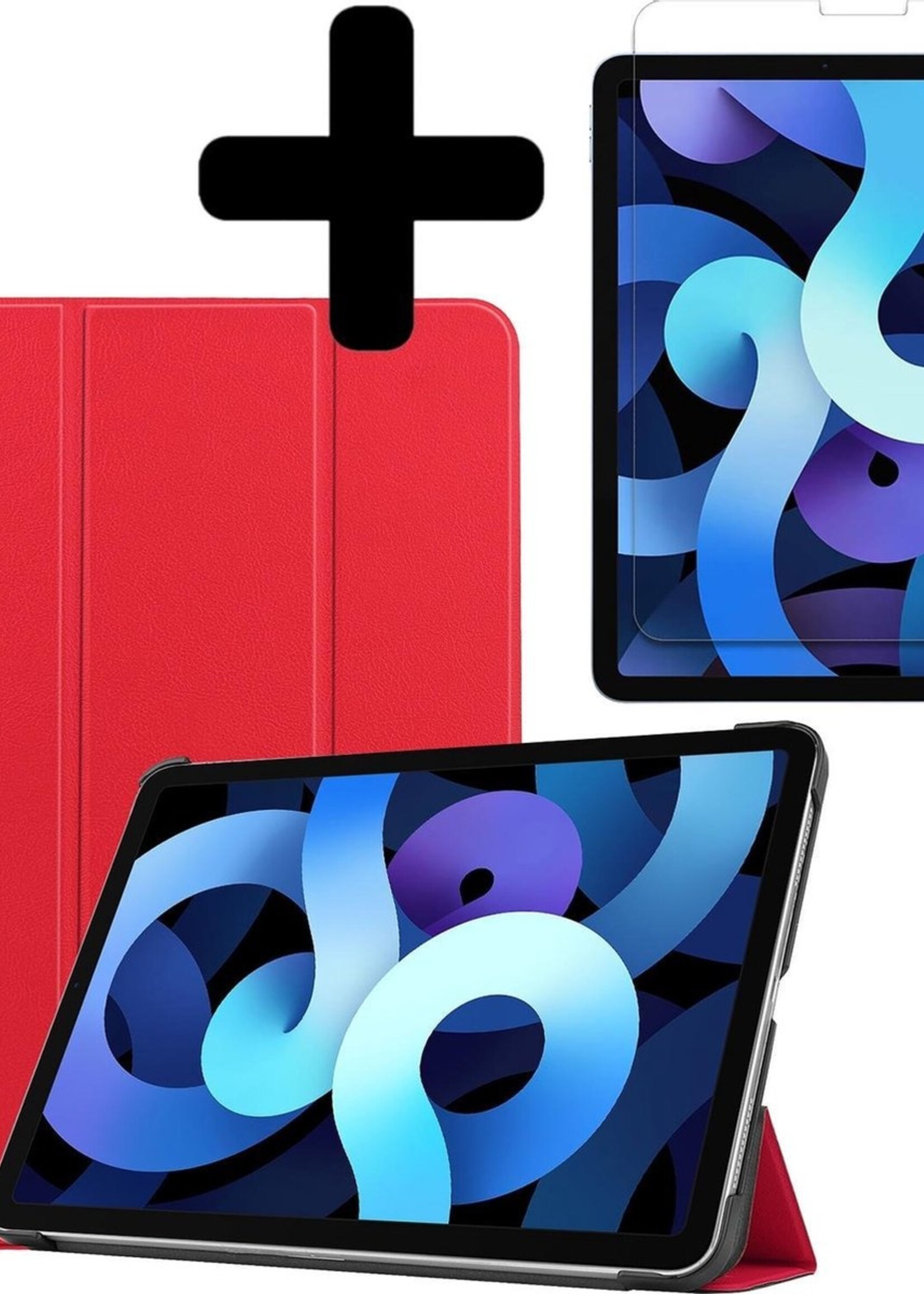 BTH Hoes Geschikt voor iPad Air 2020 Hoes Book Case Hoesje Trifold Cover Met Screenprotector - Hoesje Geschikt voor iPad Air 4 2020 Hoesje Bookcase - Rood