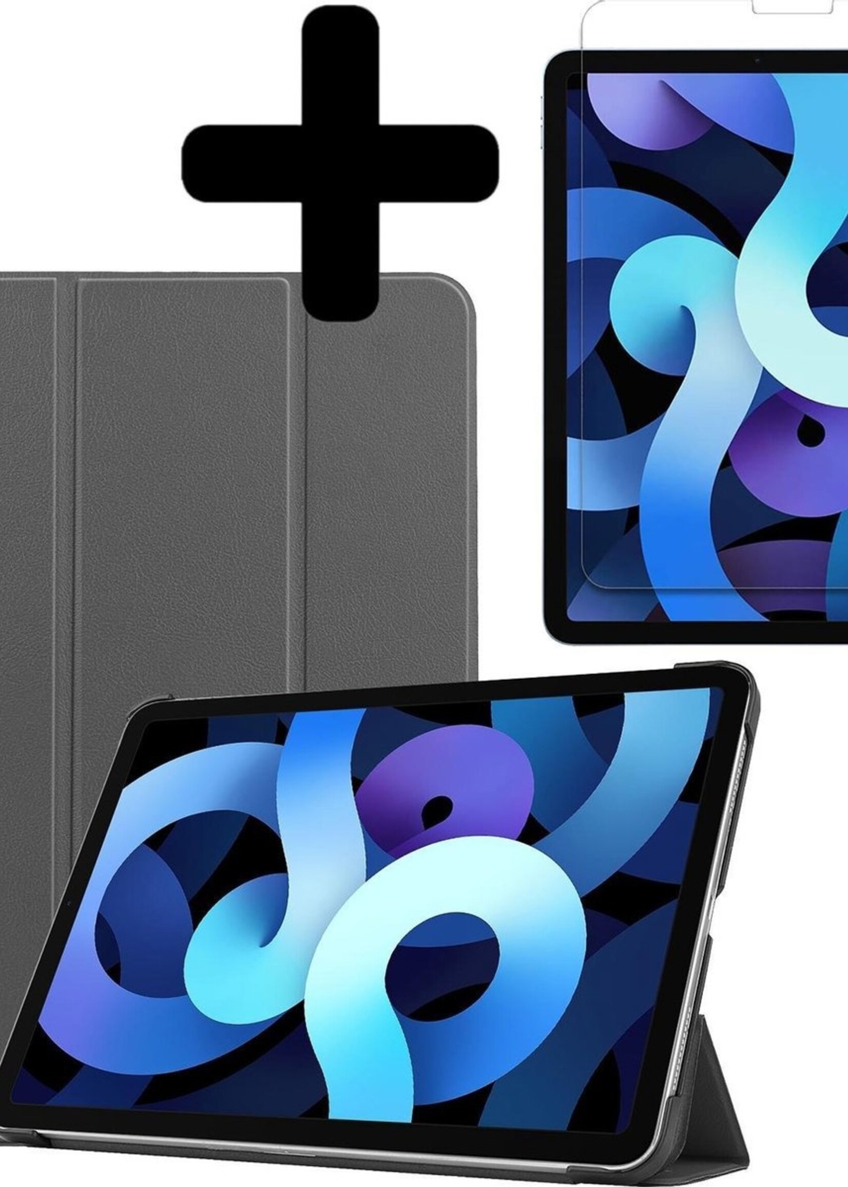 BTH Hoes Geschikt voor iPad Air 2020 Hoes Book Case Hoesje Trifold Cover Met Screenprotector - Hoesje Geschikt voor iPad Air 4 2020 Hoesje Bookcase - Grijs