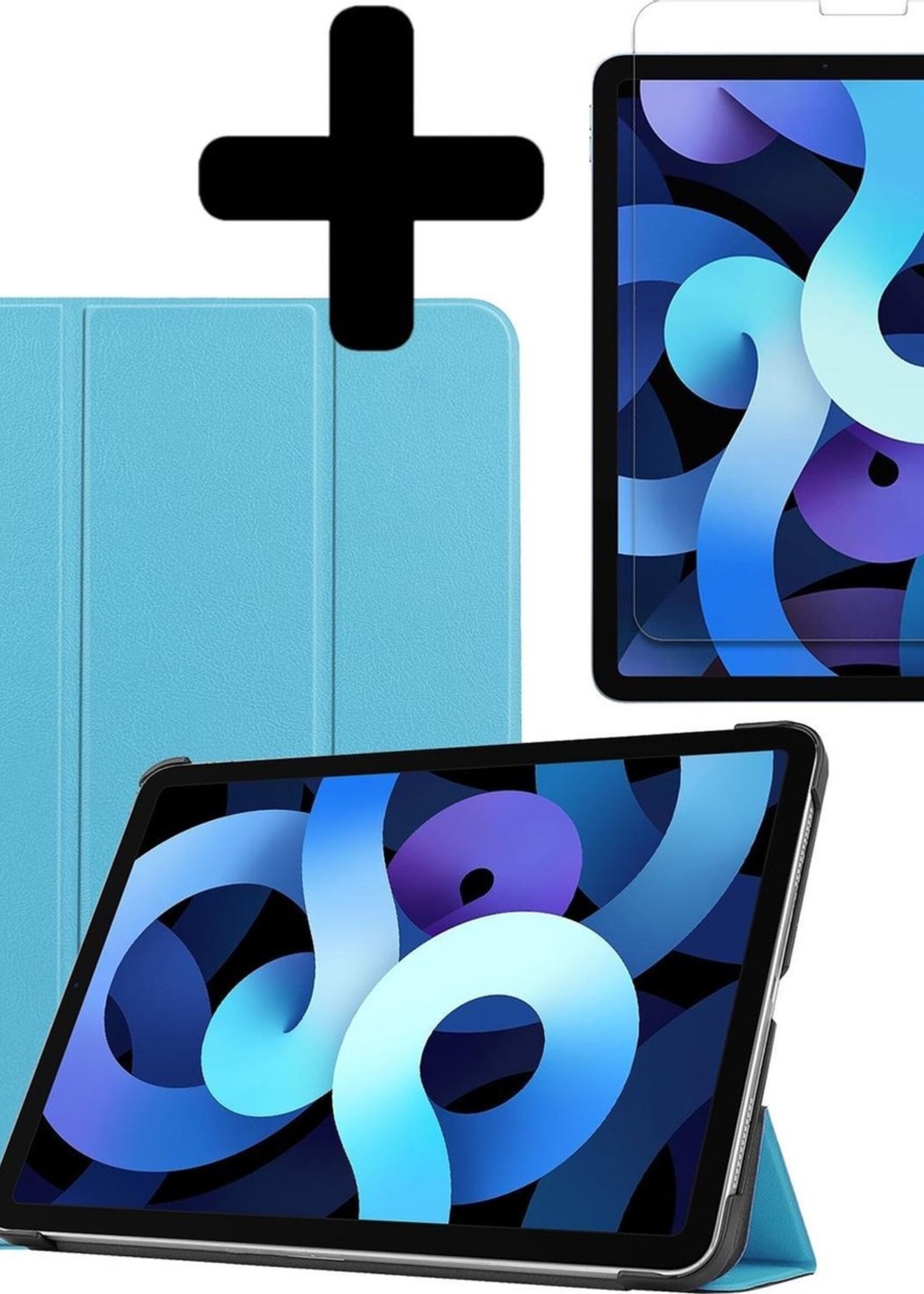 BTH Hoes Geschikt voor iPad Air 2020 Hoes Book Case Hoesje Trifold Cover Met Screenprotector - Hoesje Geschikt voor iPad Air 4 2020 Hoesje Bookcase - Lichtblauw