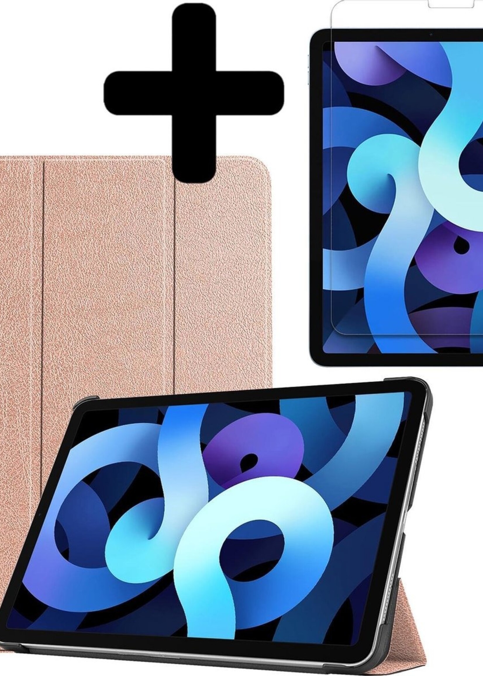 BTH Hoes Geschikt voor iPad Air 2020 Hoes Book Case Hoesje Trifold Cover Met Screenprotector - Hoesje Geschikt voor iPad Air 4 2020 Hoesje Bookcase - Rosé goud