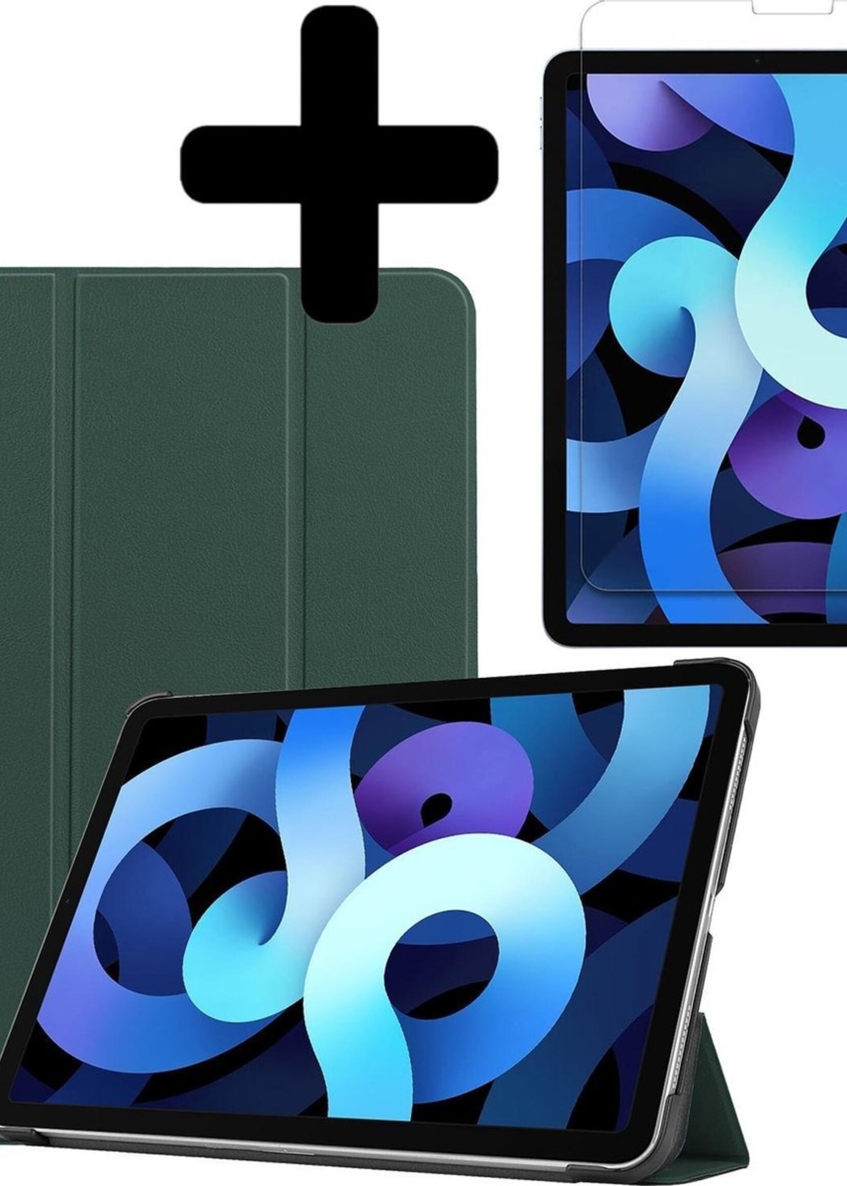 BTH Hoes Geschikt voor iPad Air 2020 Hoes Book Case Hoesje Trifold Cover Met Screenprotector - Hoesje Geschikt voor iPad Air 4 2020 Hoesje Bookcase - Donkergroen
