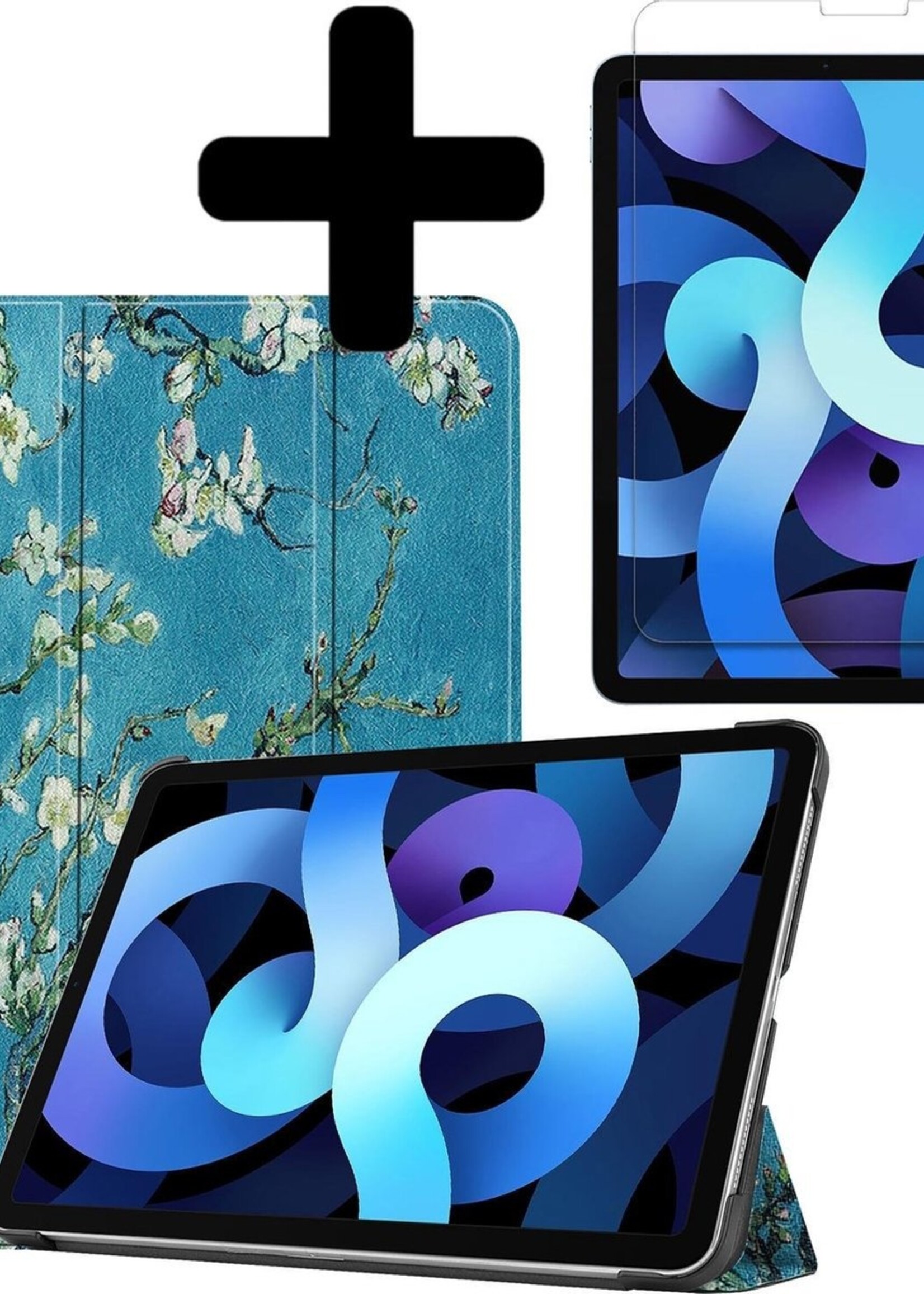 BTH Hoes Geschikt voor iPad Air 2020 Hoes Book Case Hoesje Trifold Cover Met Screenprotector - Hoesje Geschikt voor iPad Air 4 2020 Hoesje Bookcase - Bloesem