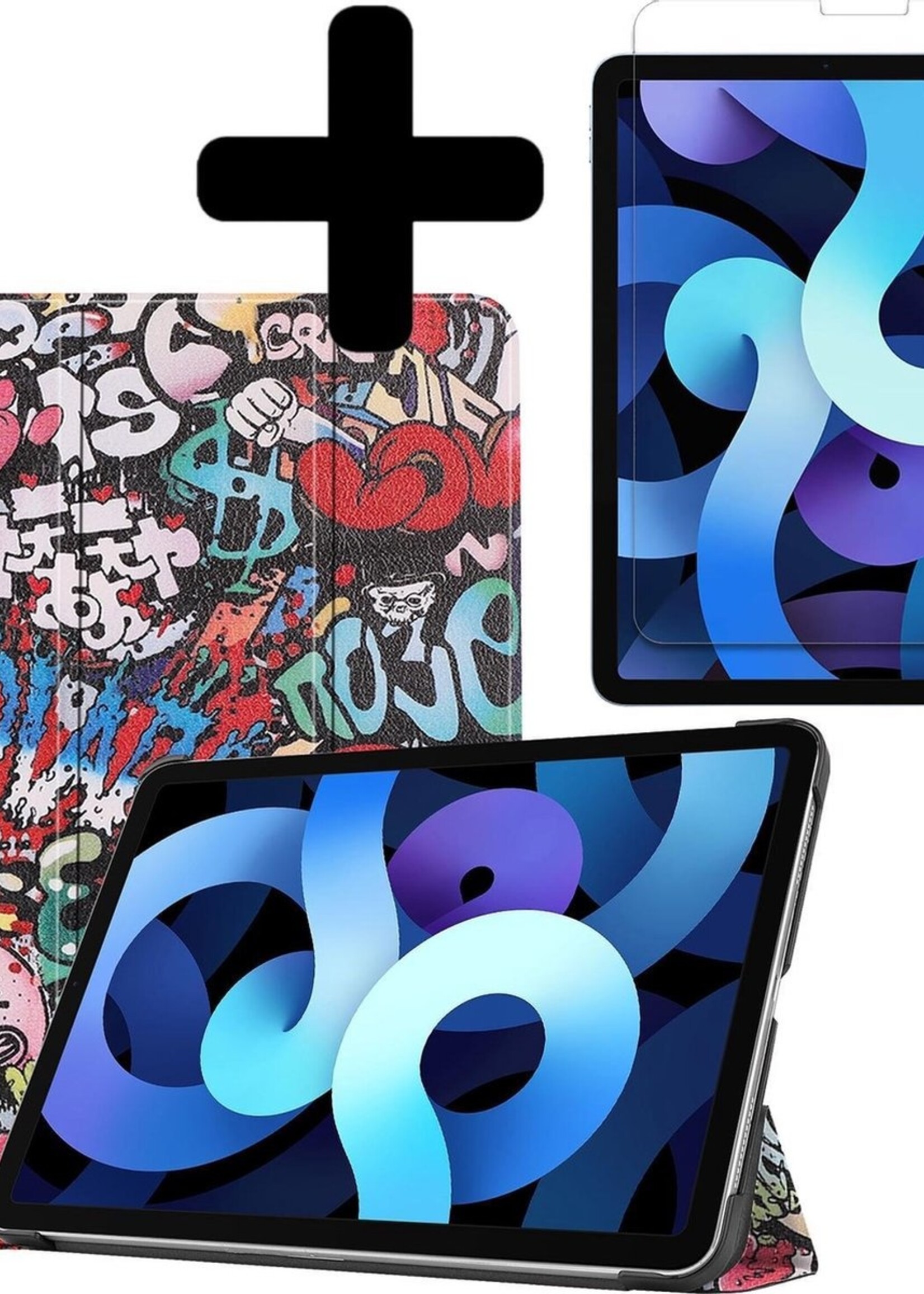 BTH Hoes Geschikt voor iPad Air 2020 Hoes Book Case Hoesje Trifold Cover Met Screenprotector - Hoesje Geschikt voor iPad Air 4 2020 Hoesje Bookcase - Graffity