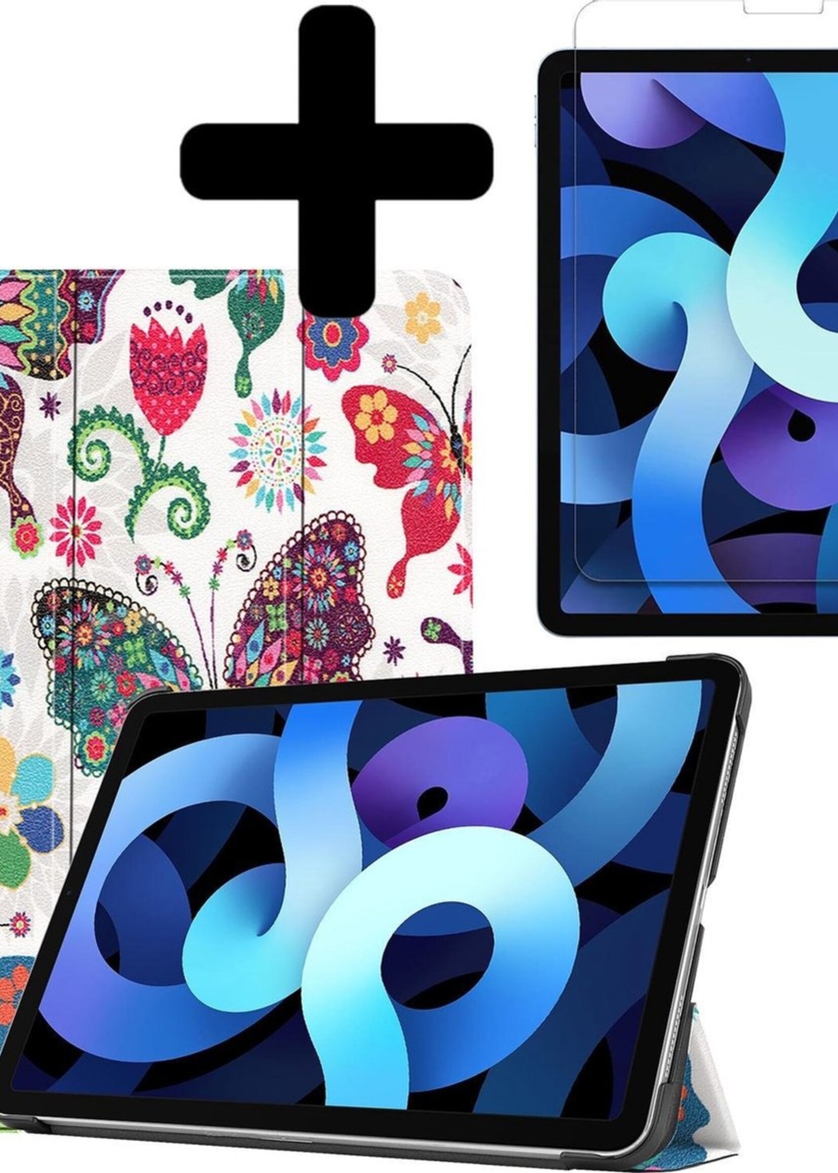 BTH Hoes Geschikt voor iPad Air 2020 Hoes Book Case Hoesje Trifold Cover Met Screenprotector - Hoesje Geschikt voor iPad Air 4 2020 Hoesje Bookcase - Vlinders
