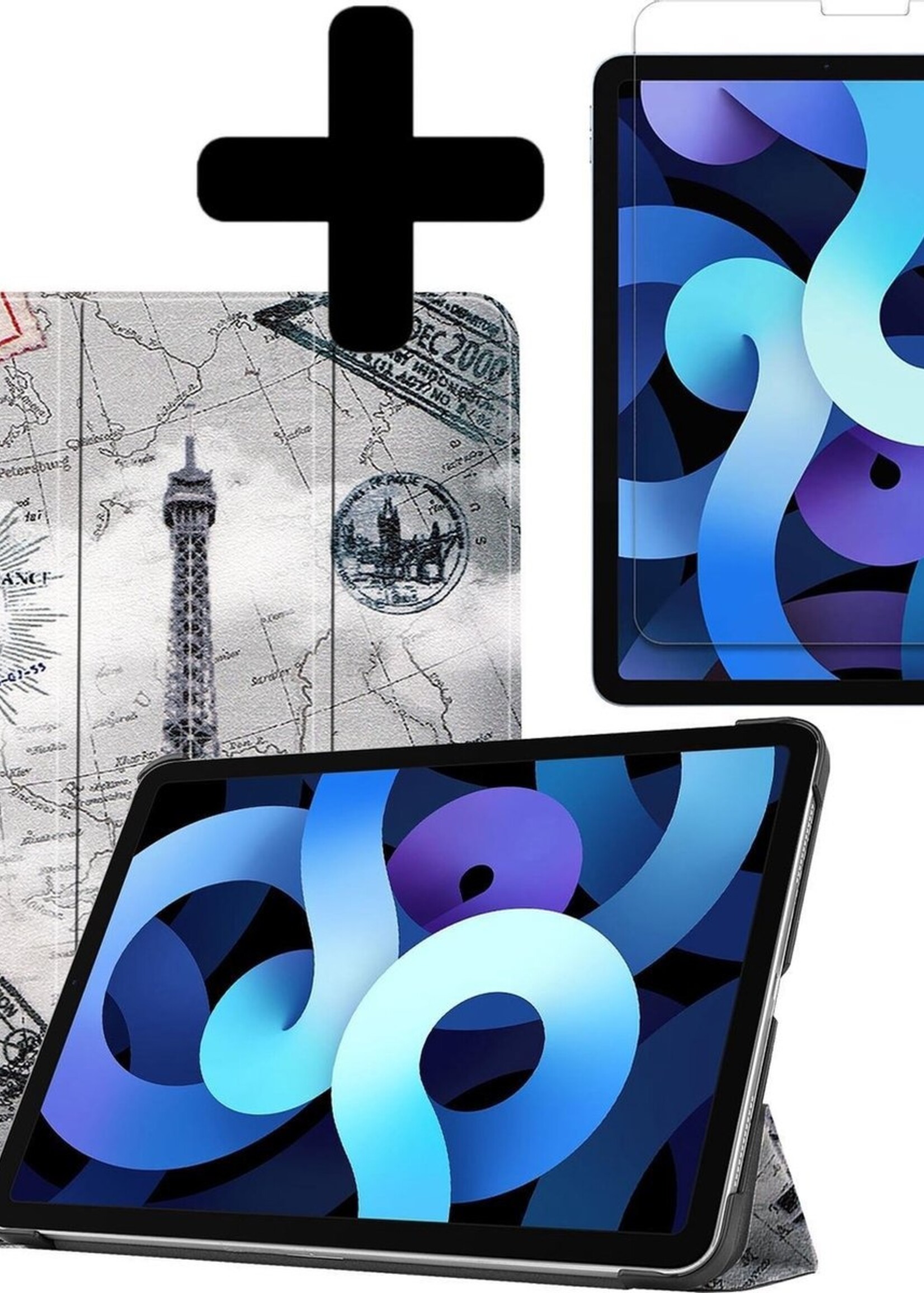 BTH Hoes Geschikt voor iPad Air 2020 Hoes Book Case Hoesje Trifold Cover Met Screenprotector - Hoesje Geschikt voor iPad Air 4 2020 Hoesje Bookcase - Eiffeltoren