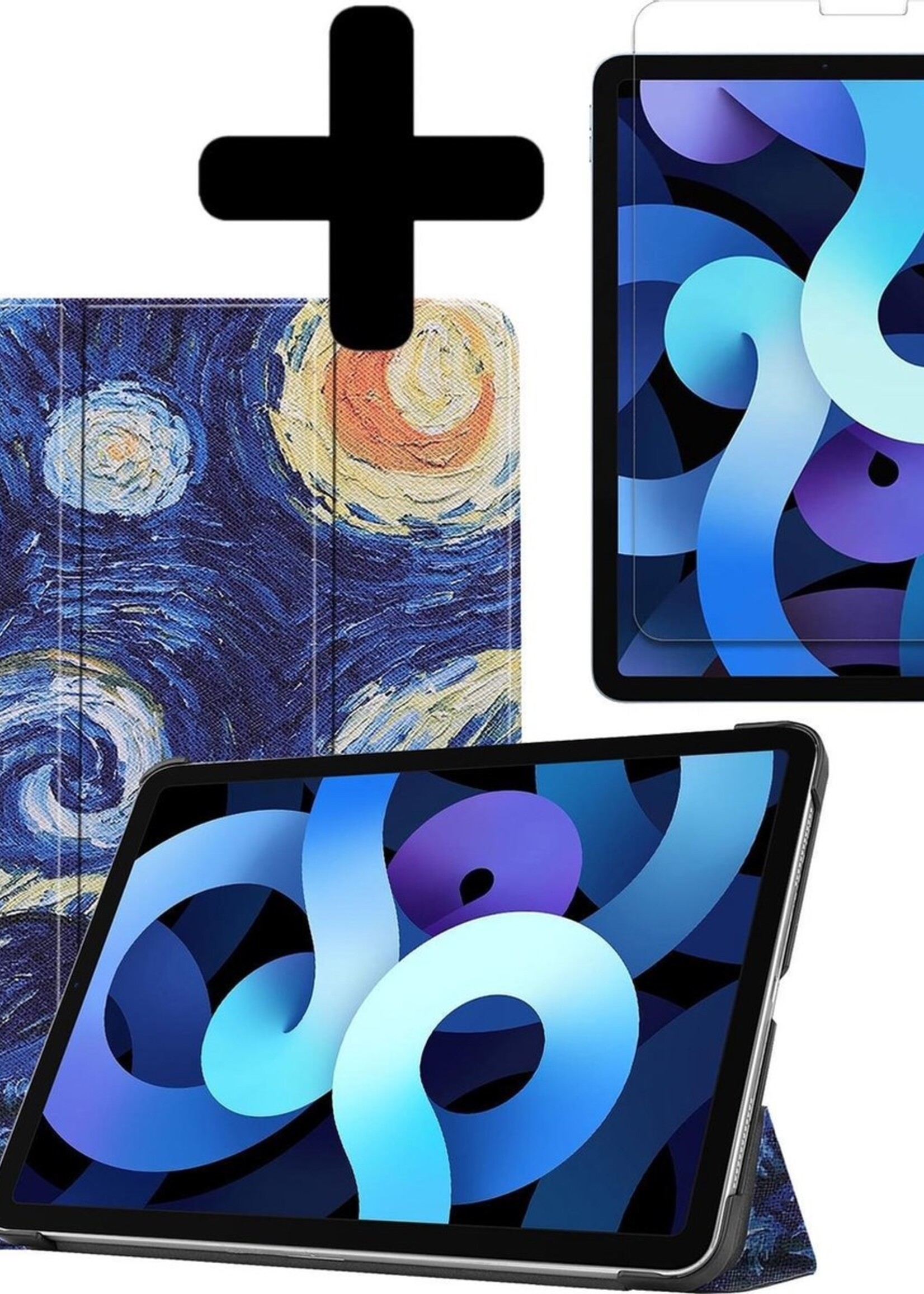 BTH Hoes Geschikt voor iPad Air 2020 Hoes Book Case Hoesje Trifold Cover Met Screenprotector - Hoesje Geschikt voor iPad Air 4 2020 Hoesje Bookcase - Sterrenhemel