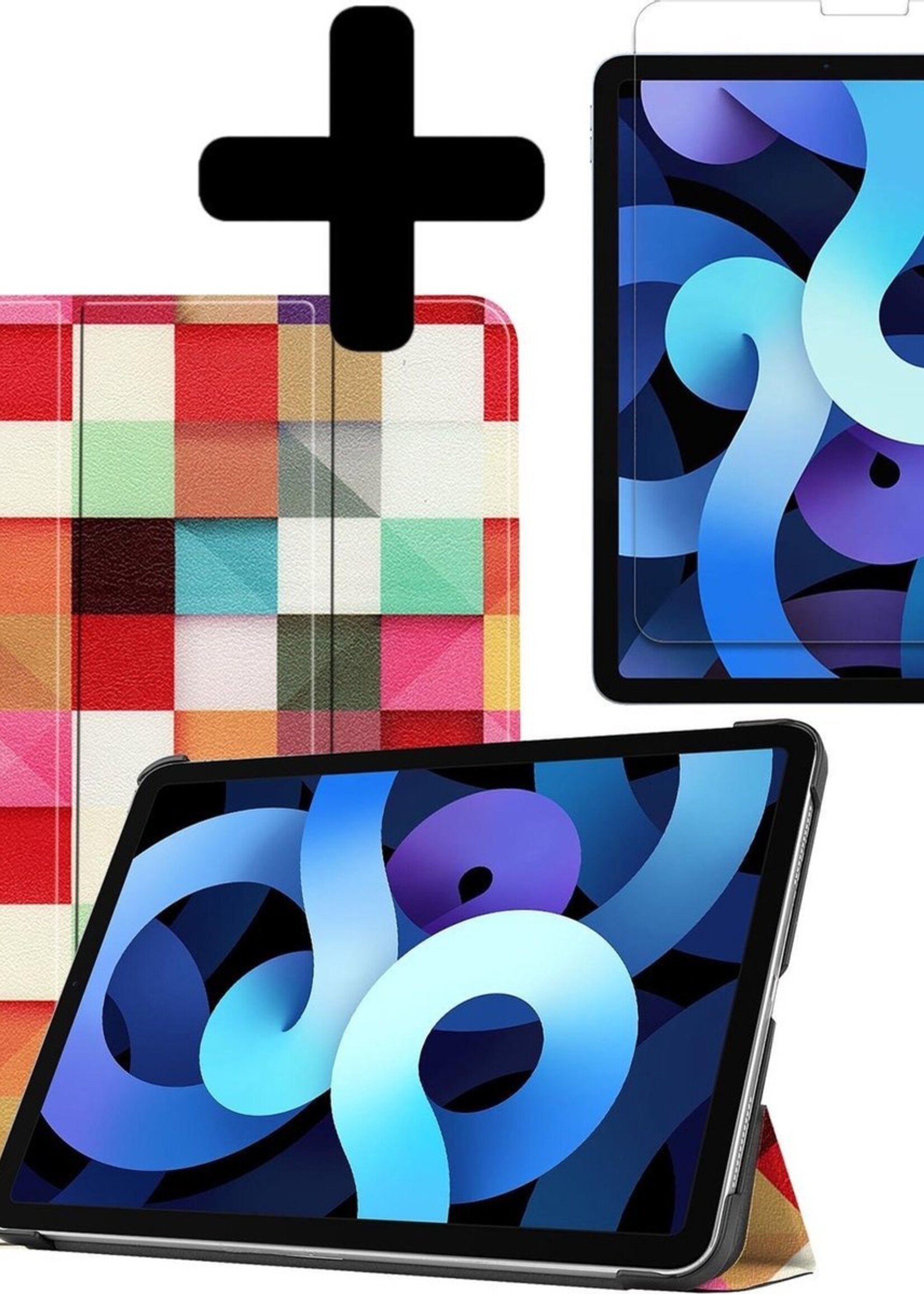 BTH Hoes Geschikt voor iPad Air 2020 Hoes Book Case Hoesje Trifold Cover Met Screenprotector - Hoesje Geschikt voor iPad Air 4 2020 Hoesje Bookcase - Blokken