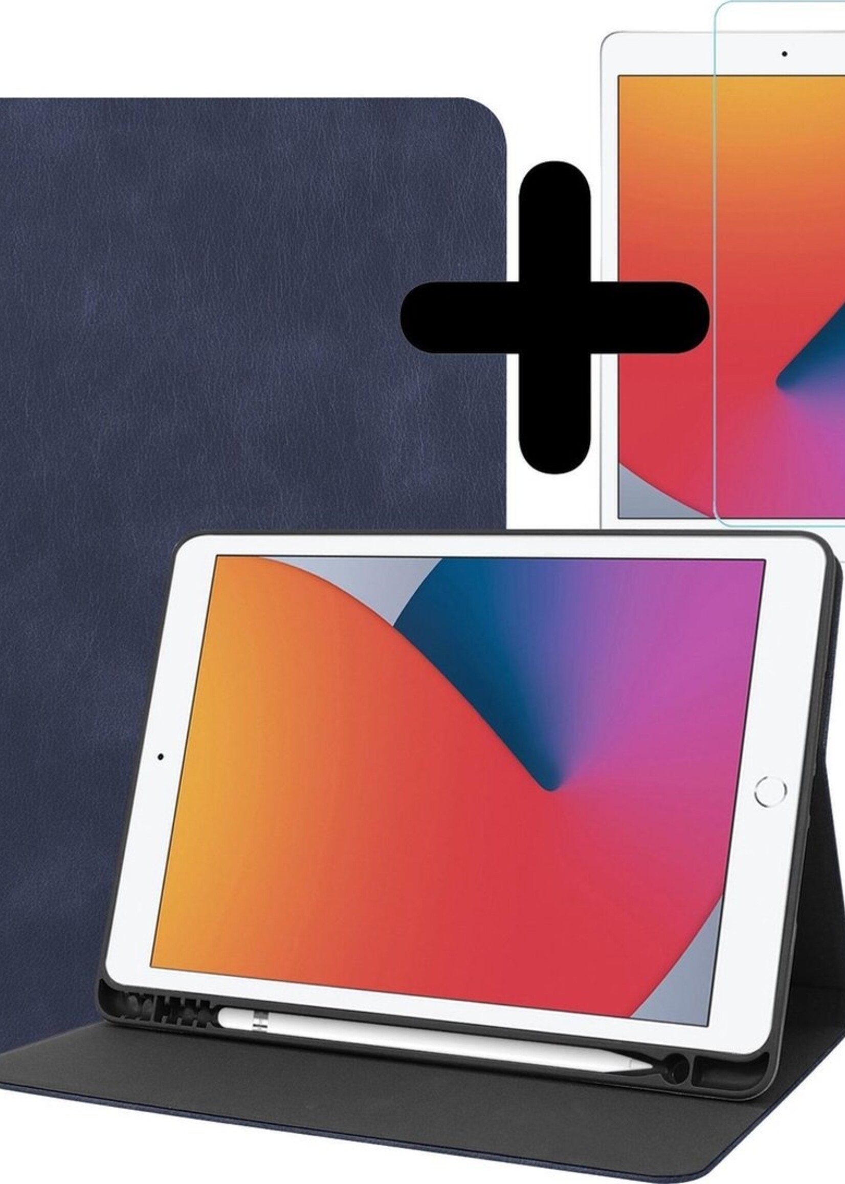 BTH Hoes Geschikt voor iPad 10.2 2019/2020 Hoes Luxe Book Case Met Uitsparing Geschikt voor Apple Pencil Met Screenprotector - Hoesje Geschikt voor iPad 7/8 Hoesje Cover Case - Donkerblauw