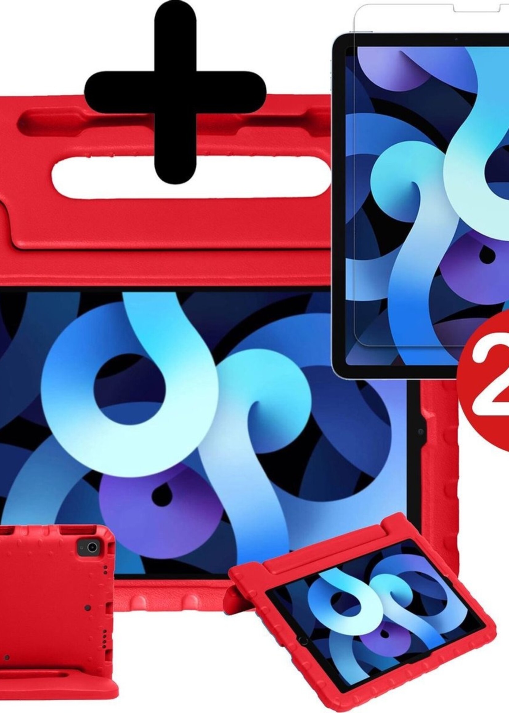 BTH Kinderhoes Geschikt voor iPad Air 2020 Hoes Kinder Hoesje Kids Case Cover Kidsproof Met 2x Screenprotector - Hoesje Geschikt voor iPad Air 4 2020 Hoesje Kinder Hoes - Rood