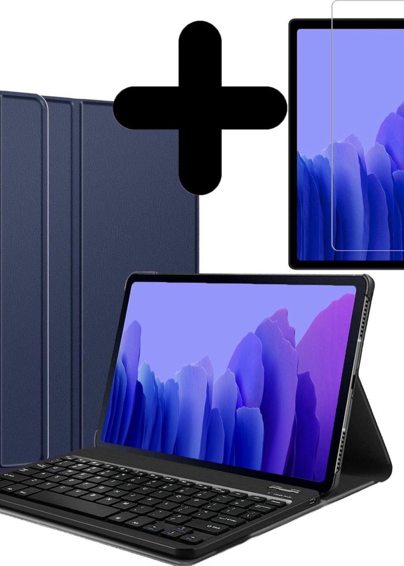 BTH Hoes Geschikt voor Samsung Galaxy Tab A7 Hoes Toetsenbord Hoesje Keyboard Case Cover Met Screenprotector - Hoesje Geschikt voor Samsung Tab A7 Hoes Toetsenbord Case - Donkerblauw