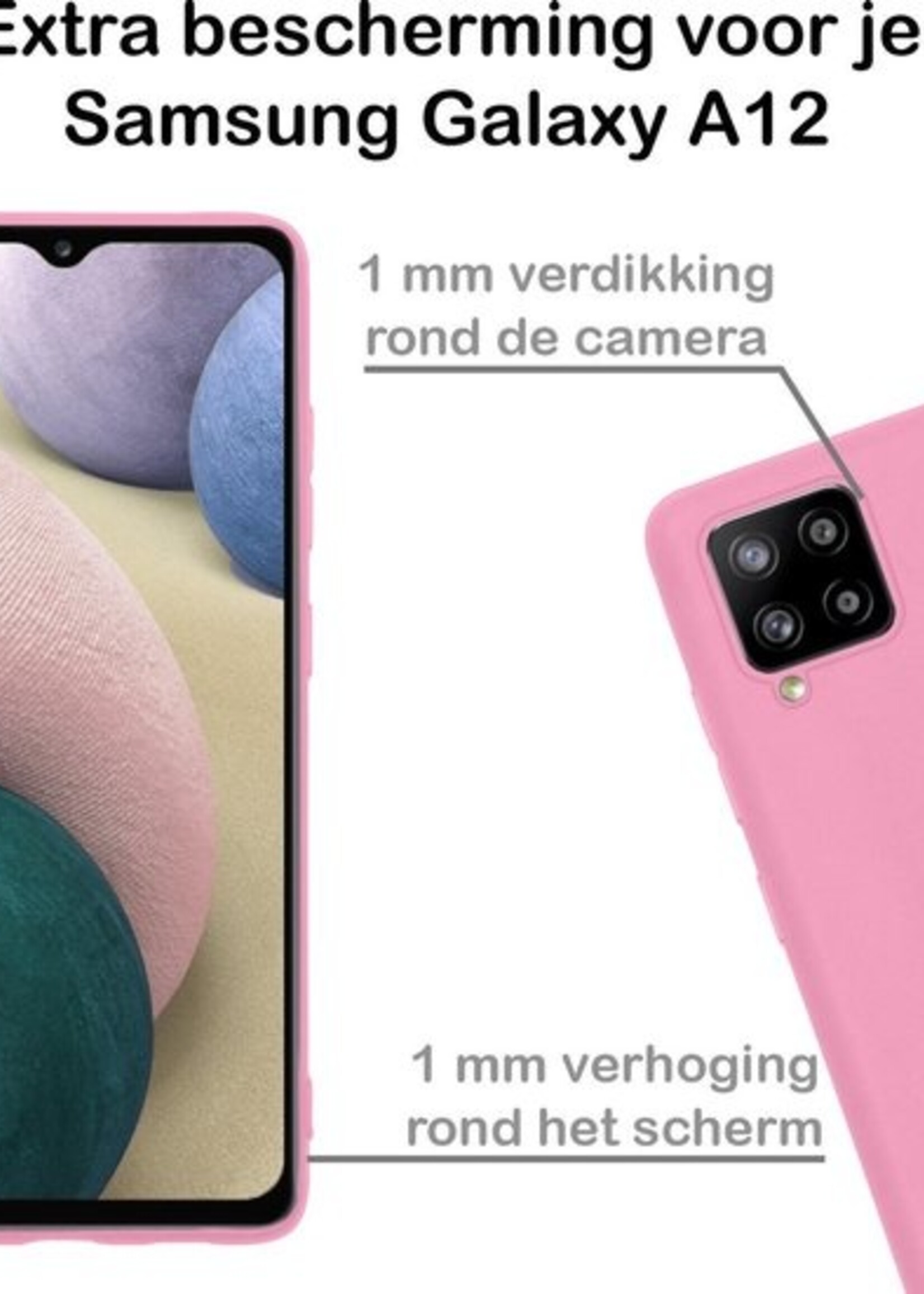 BTH Hoesje Geschikt voor Samsung A12 Hoesje Siliconen Case Hoes Met Screenprotector - Hoes Geschikt voor Samsung Galaxy A12 Hoes Cover Case - Lichtroze