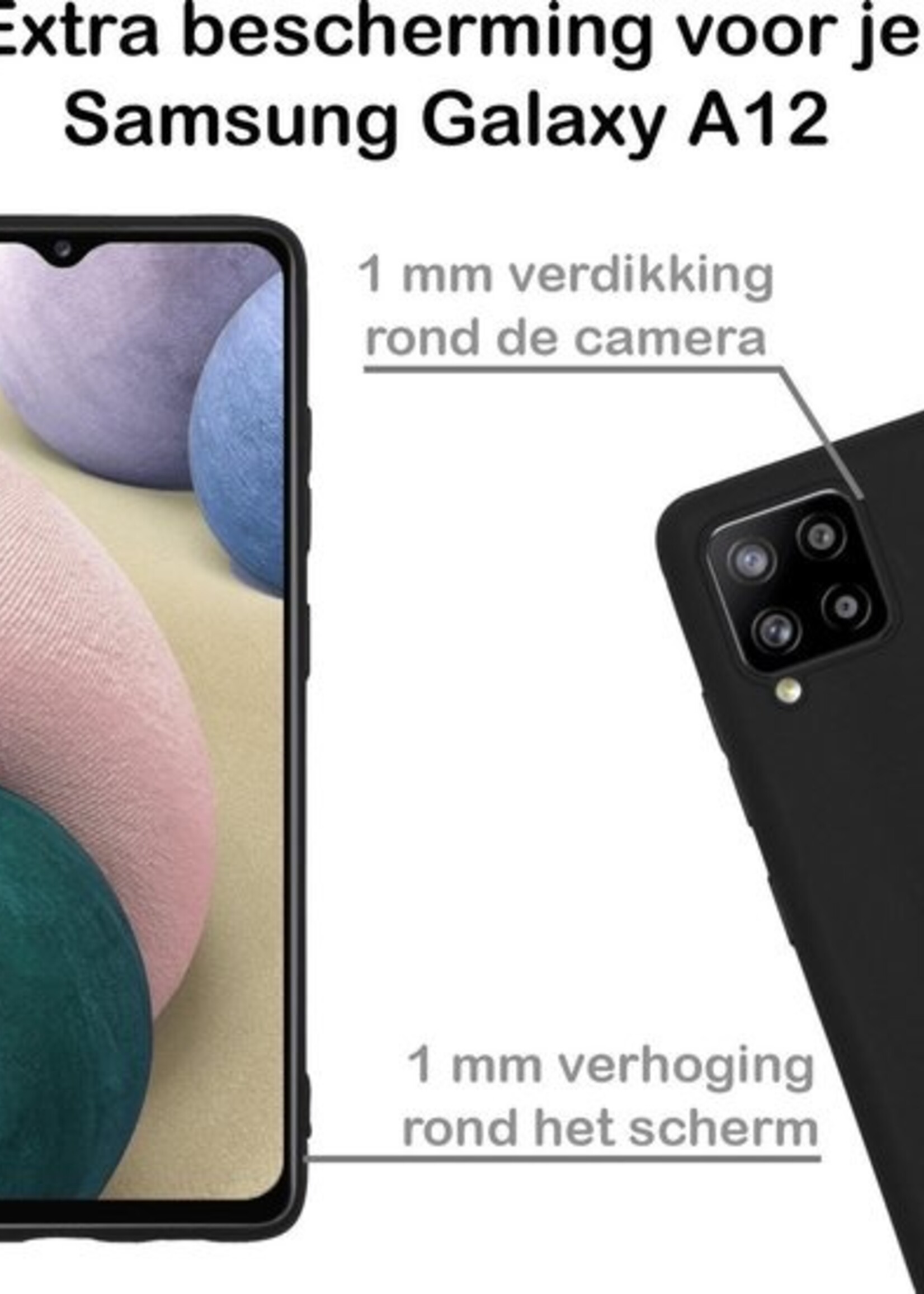 BTH Hoesje Geschikt voor Samsung A12 Hoesje Siliconen Case Hoes Met 2x Screenprotector - Hoes Geschikt voor Samsung Galaxy A12 Hoes Cover Case - Zwart