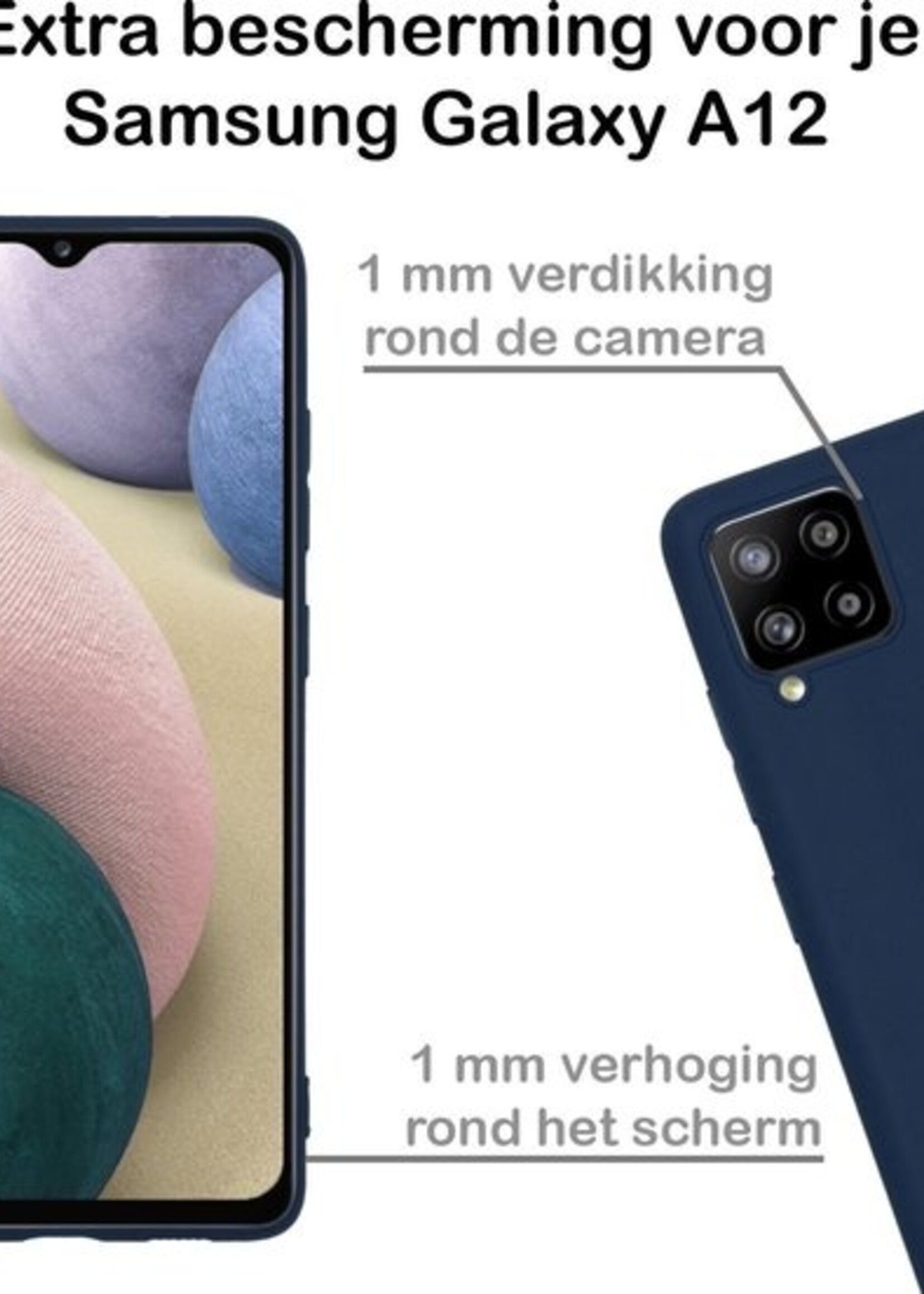 BTH Hoesje Geschikt voor Samsung A12 Hoesje Siliconen Case Hoes Met 2x Screenprotector - Hoes Geschikt voor Samsung Galaxy A12 Hoes Cover Case - Donkerblauw