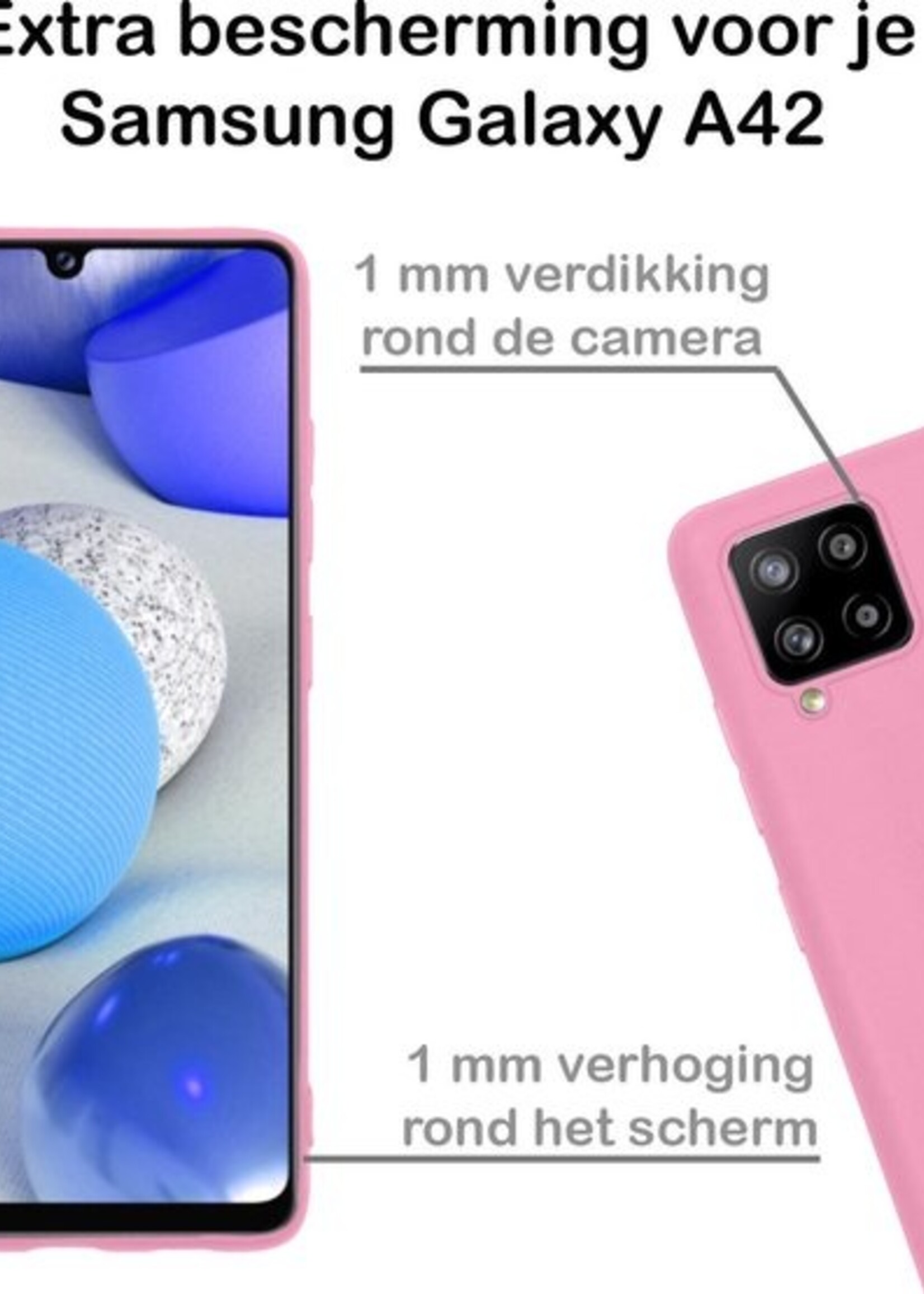 BTH Hoesje Geschikt voor Samsung A42 Hoesje Siliconen Case Hoes Met Screenprotector - Hoes Geschikt voor Samsung Galaxy A42 Hoes Cover Case - Lichtroze