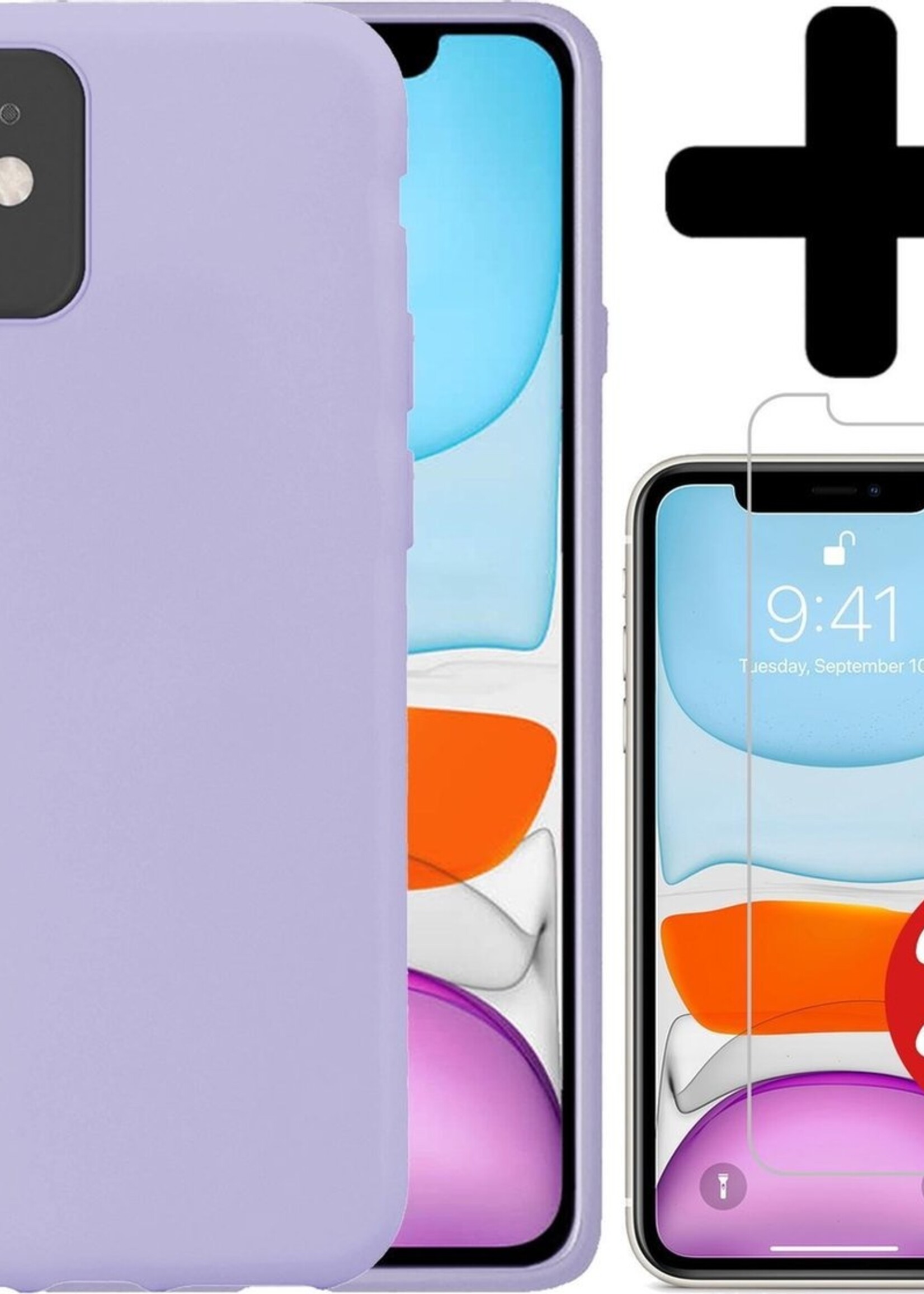 BTH Hoesje Geschikt voor iPhone 11 Hoesje Siliconen Case Hoes Met 2x Screenprotector - Hoes Geschikt voor iPhone 11 Hoes Cover Case - Lila