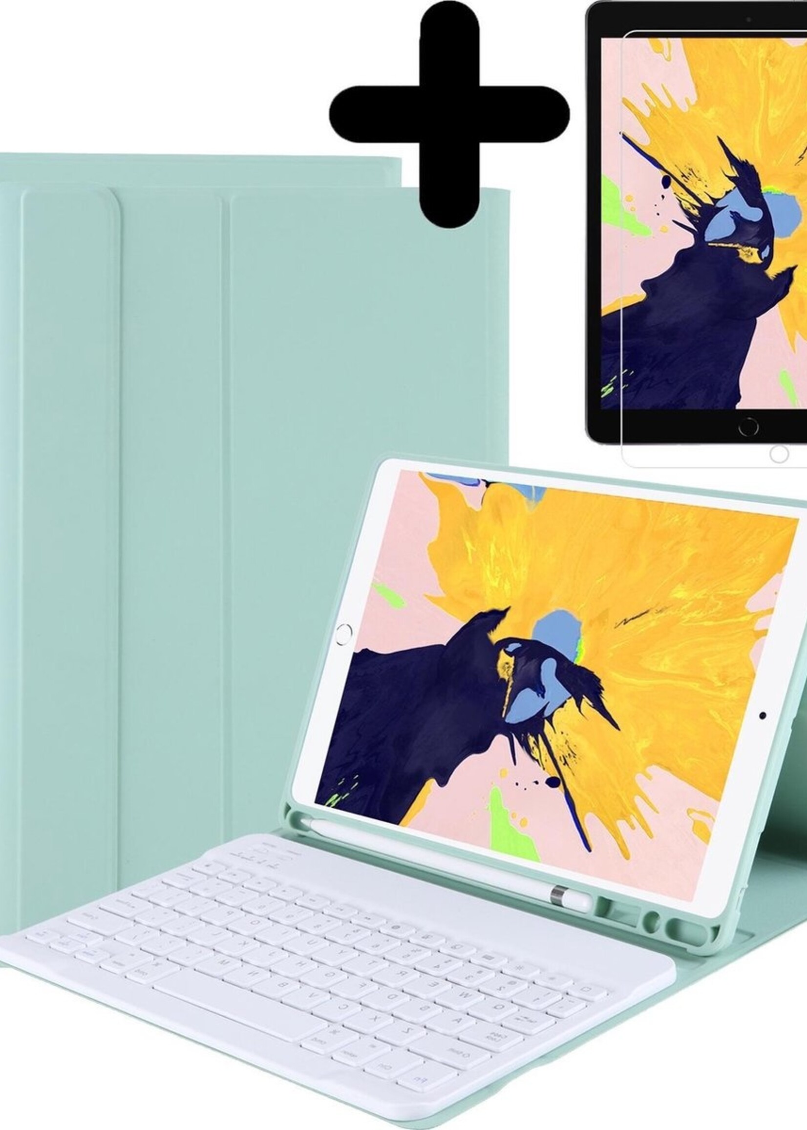 BTH Hoes Geschikt voor iPad 10.2 2020 Hoes Toetsenbord Hoesje Keyboard Case Cover Met Screenprotector - Hoesje Geschikt voor iPad 8 Hoes Toetsenbord Case - Mint Groen