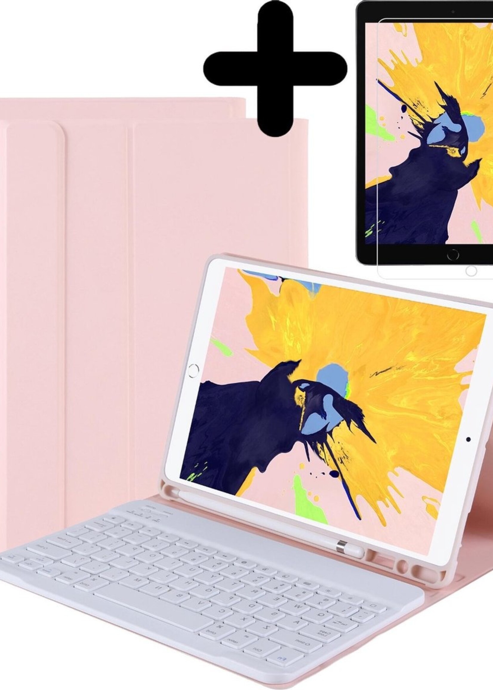 BTH Hoes Geschikt voor iPad 10.2 2020 Hoes Toetsenbord Hoesje Keyboard Case Cover Met Screenprotector - Hoesje Geschikt voor iPad 8 Hoes Toetsenbord Case - Lichtroze