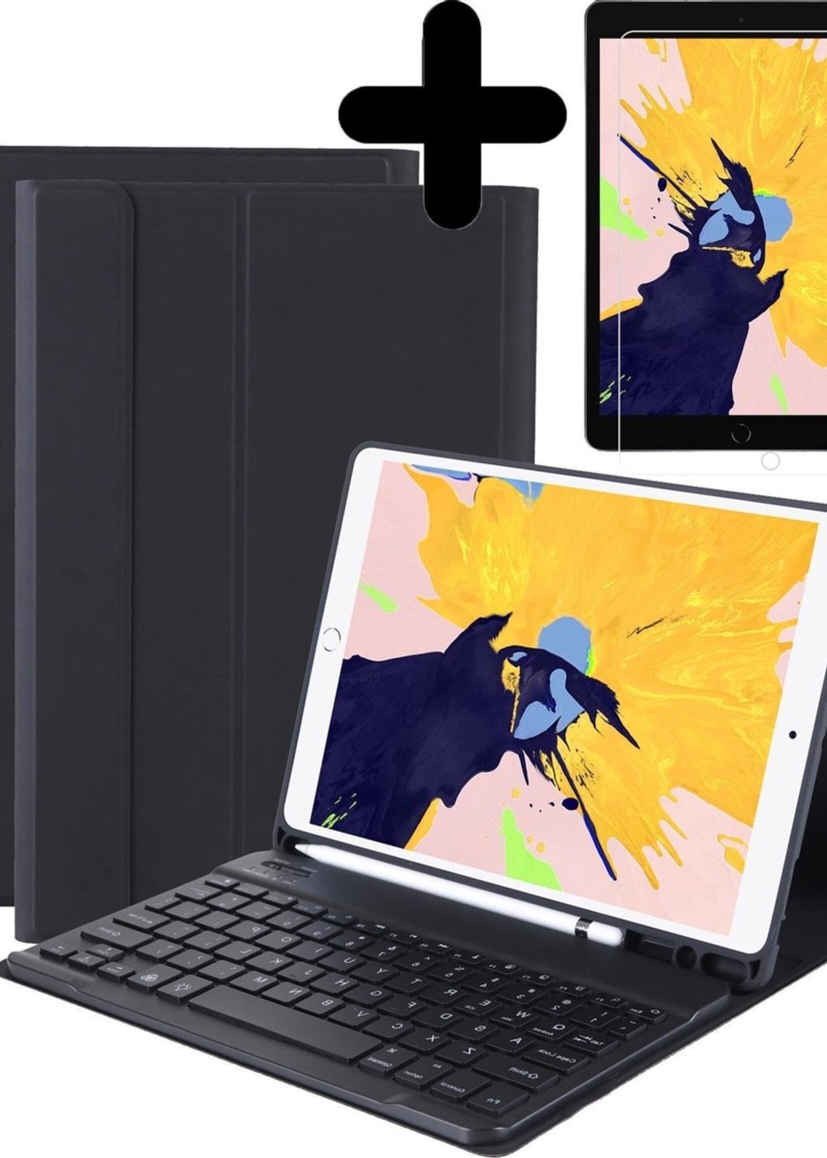 BTH Hoes Geschikt voor iPad 10.2 2019/2020 Hoes Toetsenbord Hoesje Keyboard Case Cover Met Screenprotector - Hoesje Geschikt voor iPad 7/8 Hoes Toetsenbord Case - Zwart