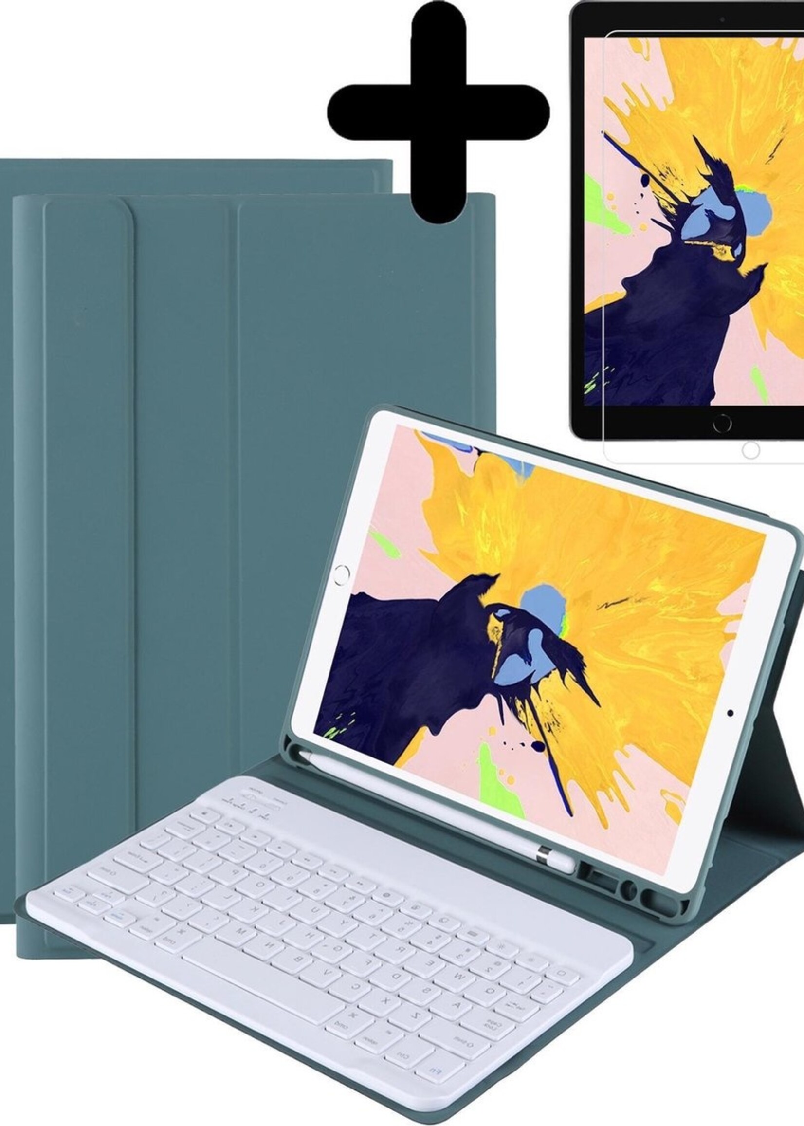 BTH Hoes Geschikt voor iPad 10.2 2019/2020 Hoes Toetsenbord Hoesje Keyboard Case Cover Met Screenprotector - Hoesje Geschikt voor iPad 7/8 Hoes Toetsenbord Case - Donkergroen