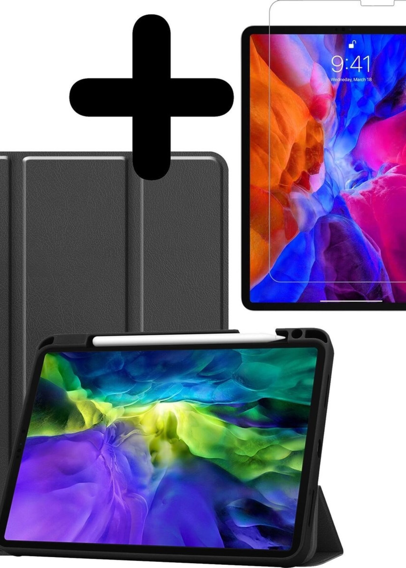 BTH Hoes Geschikt voor iPad Pro 2020 (11 inch) Hoes Book Case Hoesje Trifold Cover Met Uitsparing Geschikt voor Apple Pencil Met Screenprotector - Hoesje Geschikt voor iPad Pro 11 inch (2020) Hoesje Bookcase - Zwart