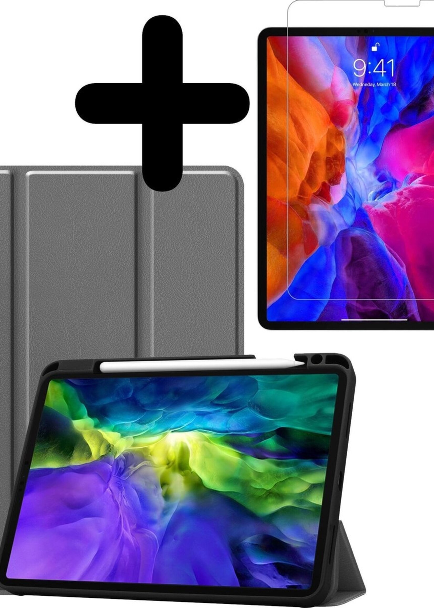BTH Hoes Geschikt voor iPad Pro 2020 (11 inch) Hoes Book Case Hoesje Trifold Cover Met Uitsparing Geschikt voor Apple Pencil Met Screenprotector - Hoesje Geschikt voor iPad Pro 11 inch (2020) Hoesje Bookcase - Grijs
