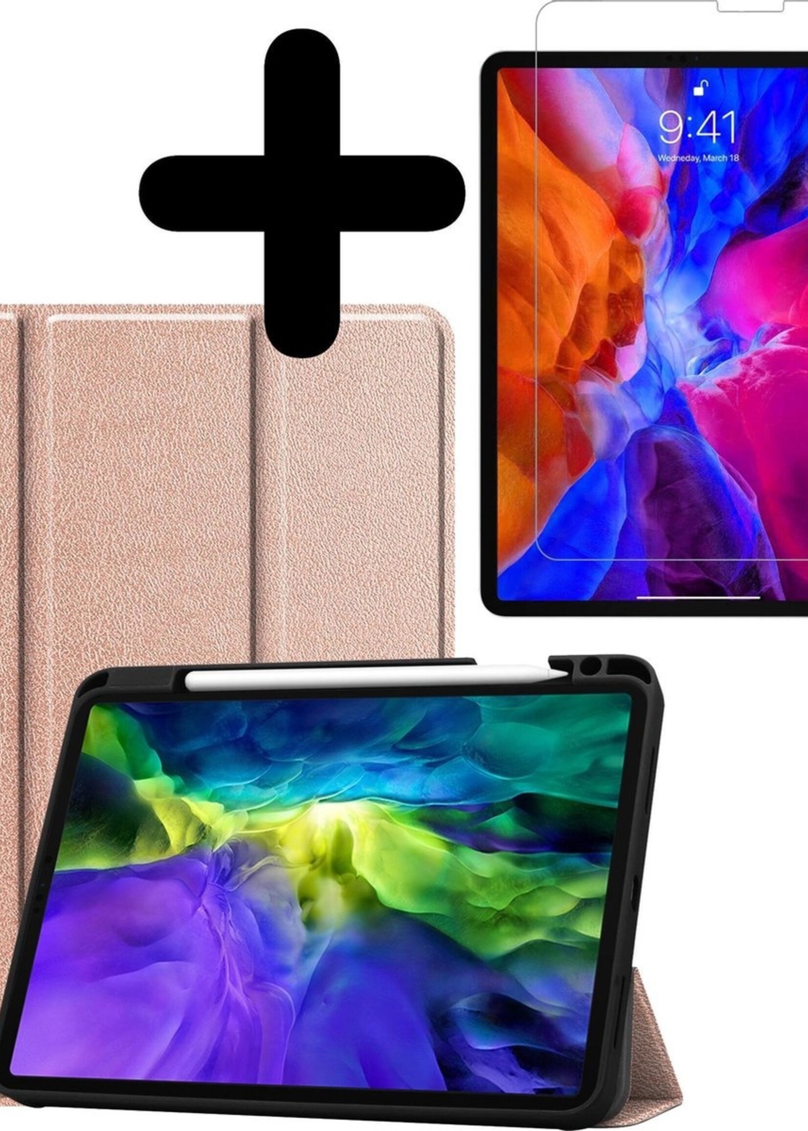 BTH Hoes Geschikt voor iPad Pro 2020 (11 inch) Hoes Book Case Hoesje Trifold Cover Met Uitsparing Geschikt voor Apple Pencil Met Screenprotector - Hoesje Geschikt voor iPad Pro 11 inch (2020) Hoesje Bookcase - Rosé goud