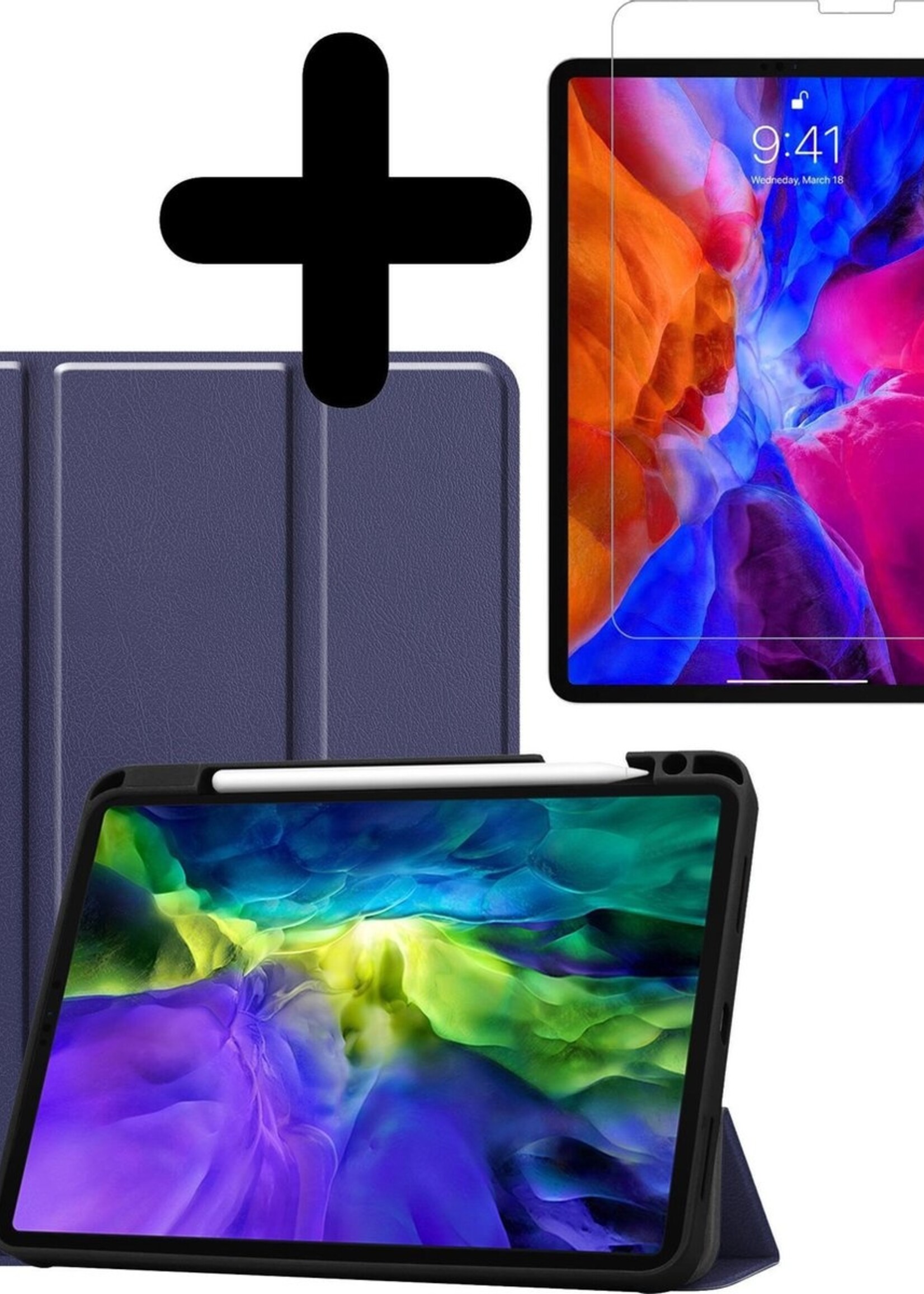 BTH Hoes Geschikt voor iPad Pro 2020 (11 inch) Hoes Book Case Hoesje Trifold Cover Met Uitsparing Geschikt voor Apple Pencil Met Screenprotector - Hoesje Geschikt voor iPad Pro 11 inch (2020) Hoesje Bookcase - Donkerblauw