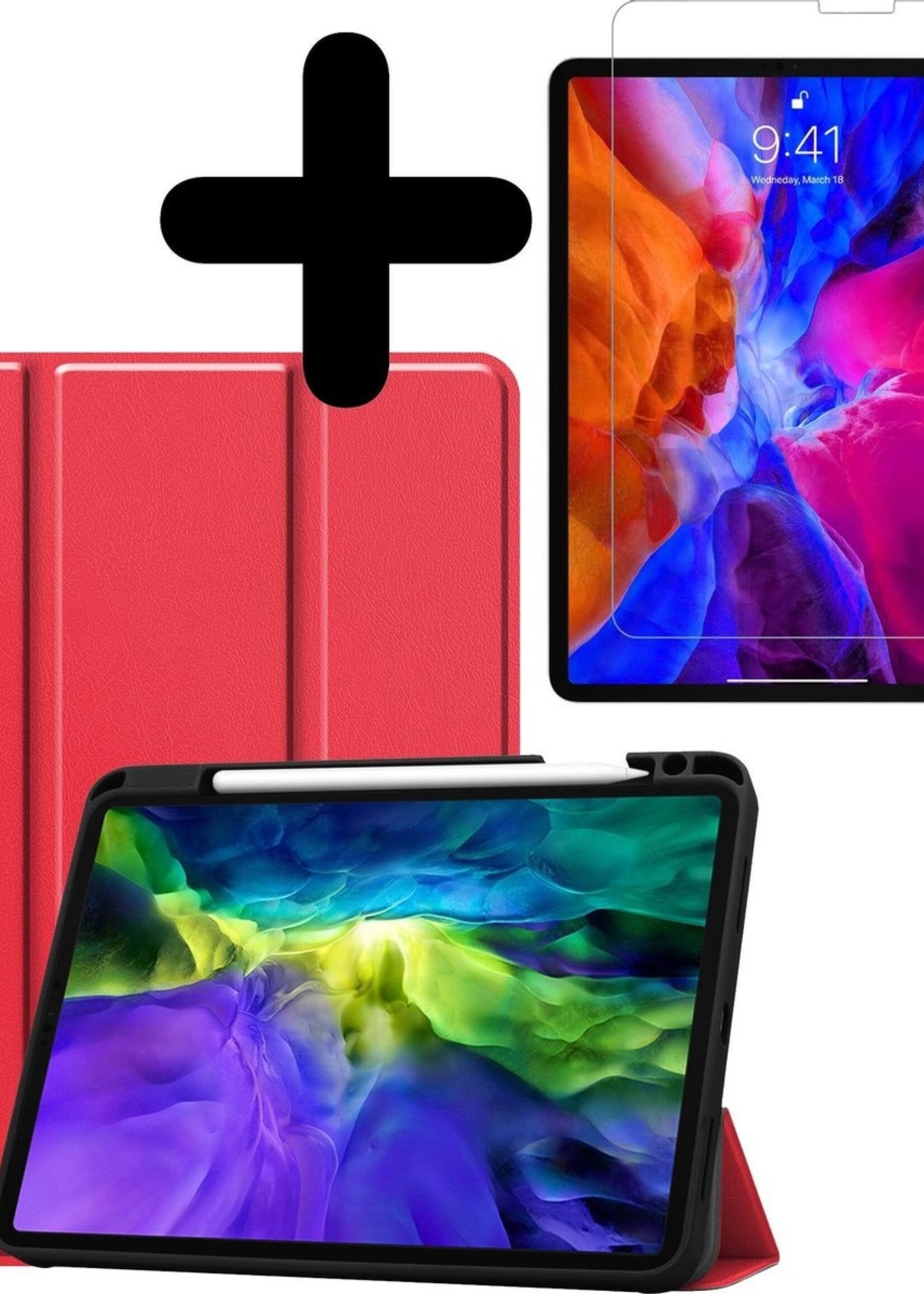BTH Hoes Geschikt voor iPad Pro 2020 (11 inch) Hoes Book Case Hoesje Trifold Cover Met Uitsparing Geschikt voor Apple Pencil Met Screenprotector - Hoesje Geschikt voor iPad Pro 11 inch (2020) Hoesje Bookcase - Rood