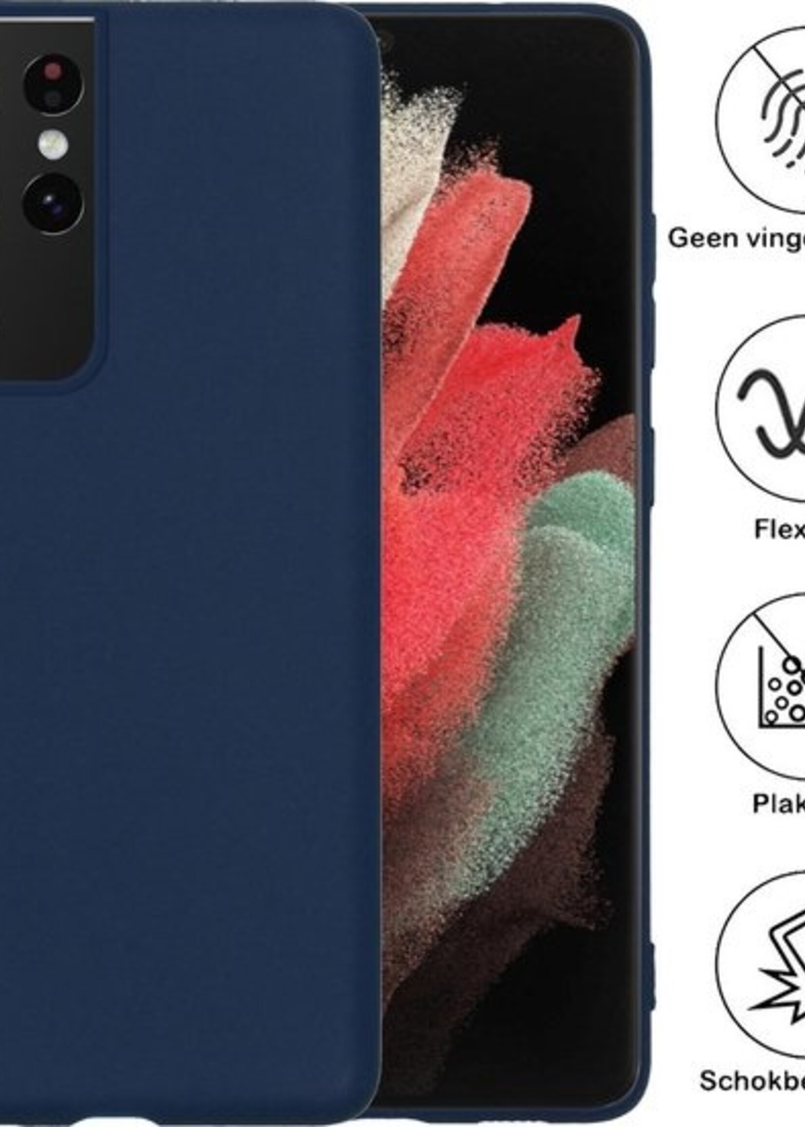 BTH Hoesje Geschikt voor Samsung S21 Ultra Hoesje Siliconen Case Hoes - Hoes Geschikt voor Samsung Galaxy S21 Ultra Hoes Cover Case - Donkerblauw - 2 PACK