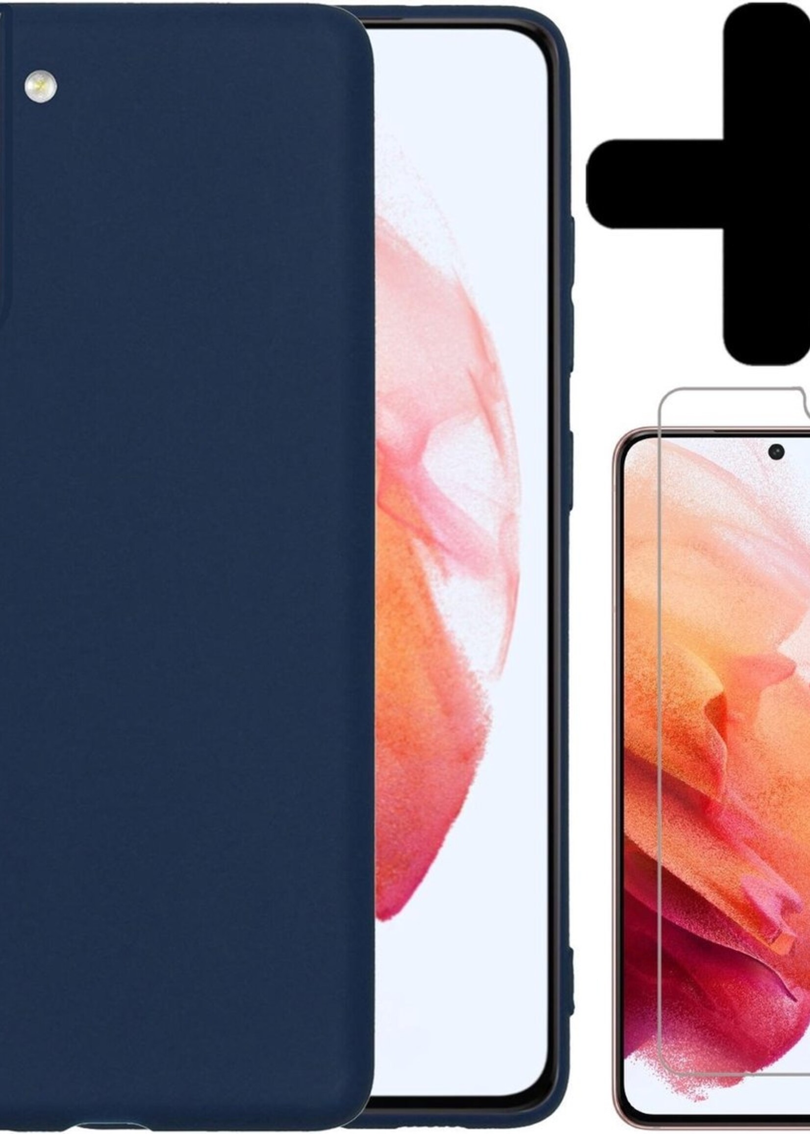 BTH Hoesje Geschikt voor Samsung S21 Plus Hoesje Siliconen Case Hoes Met Screenprotector - Hoes Geschikt voor Samsung Galaxy S21 Plus Hoes Cover Case - Donkerblauw