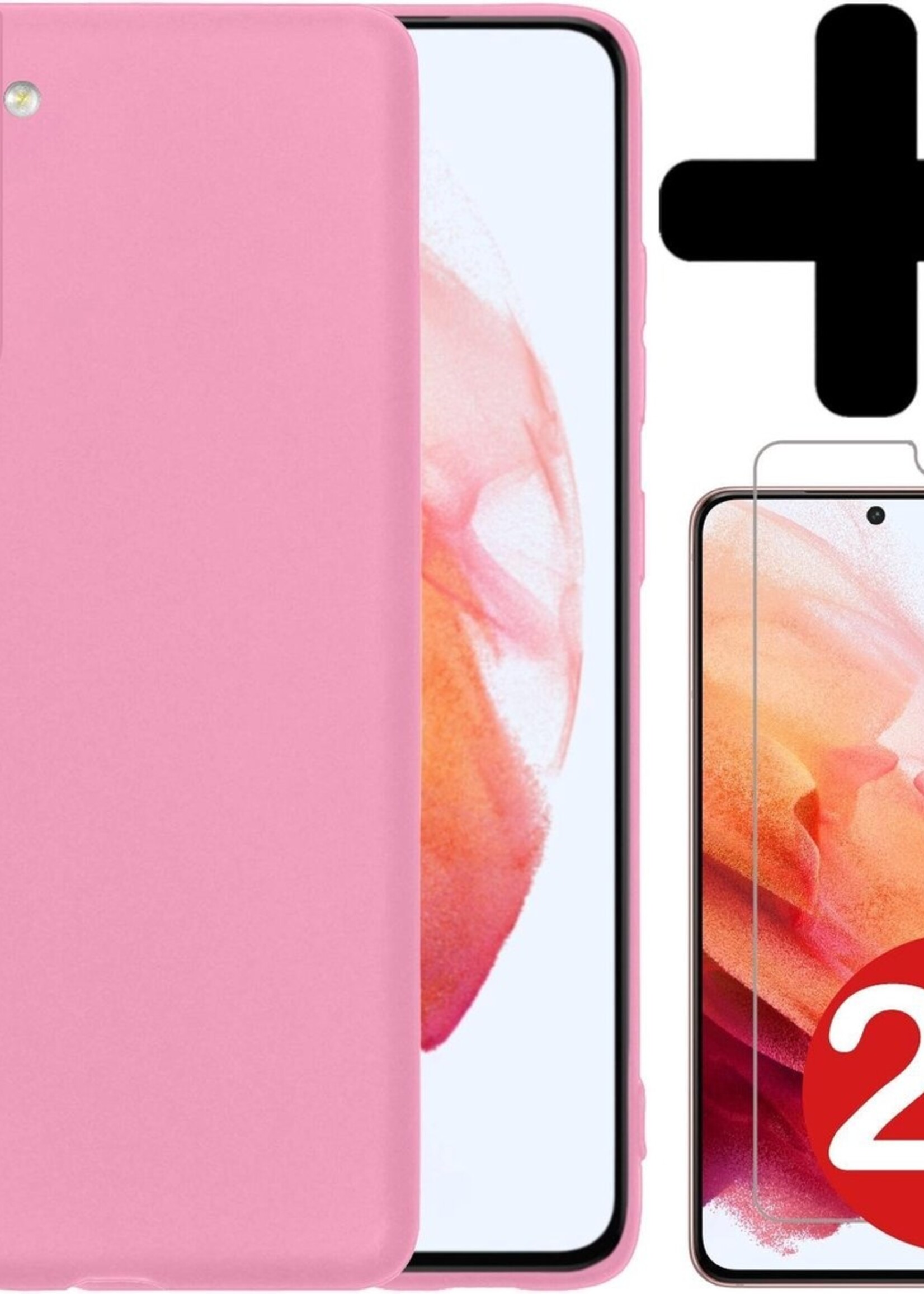 BTH Hoesje Geschikt voor Samsung S21 Plus Hoesje Siliconen Case Hoes Met 2x Screenprotector - Hoes Geschikt voor Samsung Galaxy S21 Plus Hoes Cover Case - Lichtroze