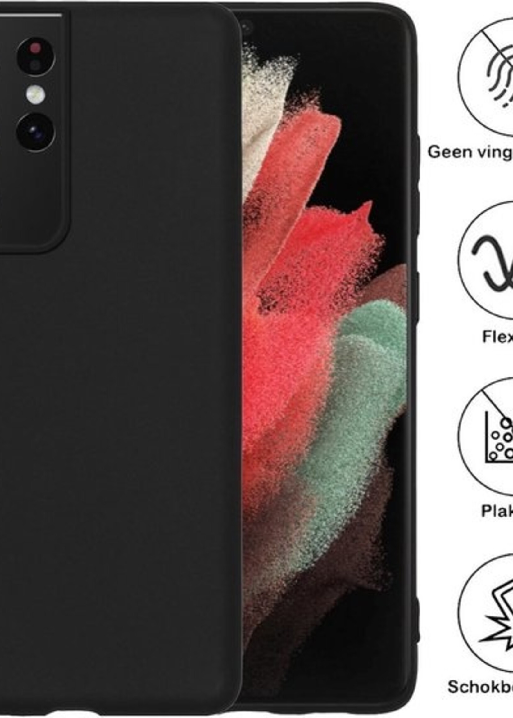 BTH Hoesje Geschikt voor Samsung S21 Ultra Hoesje Siliconen Case Hoes Met Screenprotector - Hoes Geschikt voor Samsung Galaxy S21 Ultra Hoes Cover Case - Zwart