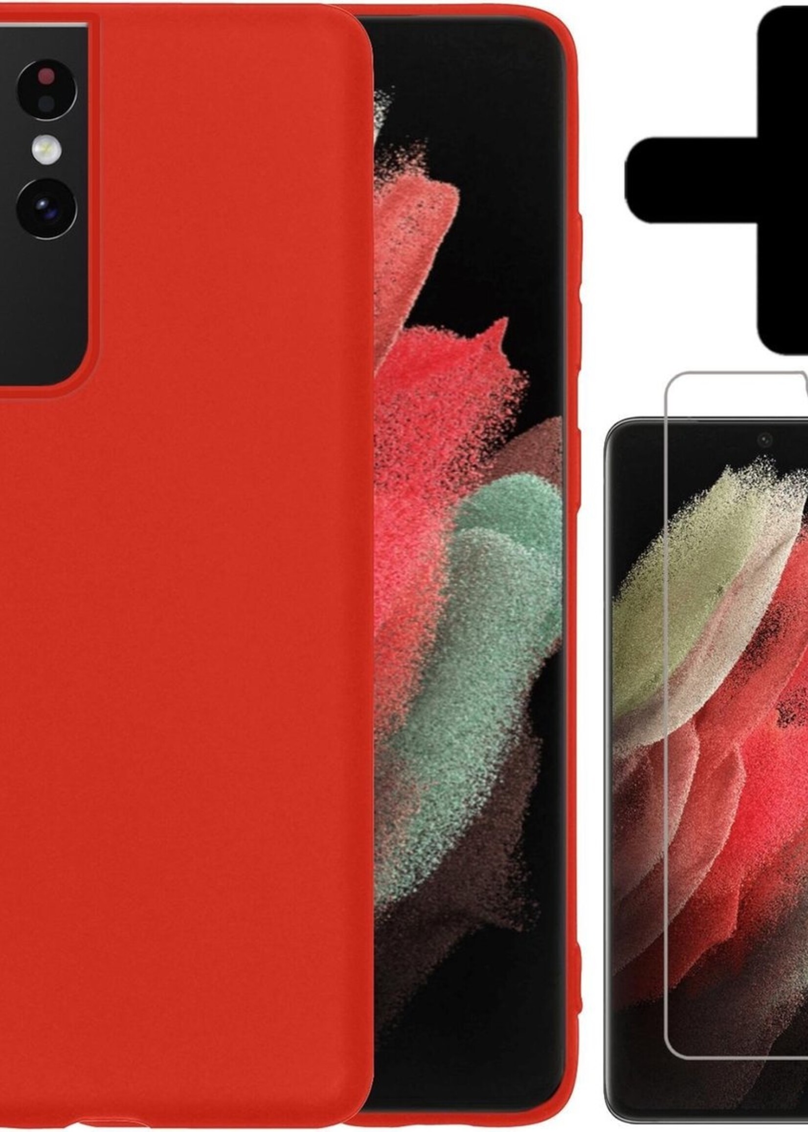 BTH Hoesje Geschikt voor Samsung S21 Ultra Hoesje Siliconen Case Hoes Met Screenprotector - Hoes Geschikt voor Samsung Galaxy S21 Ultra Hoes Cover Case - Rood